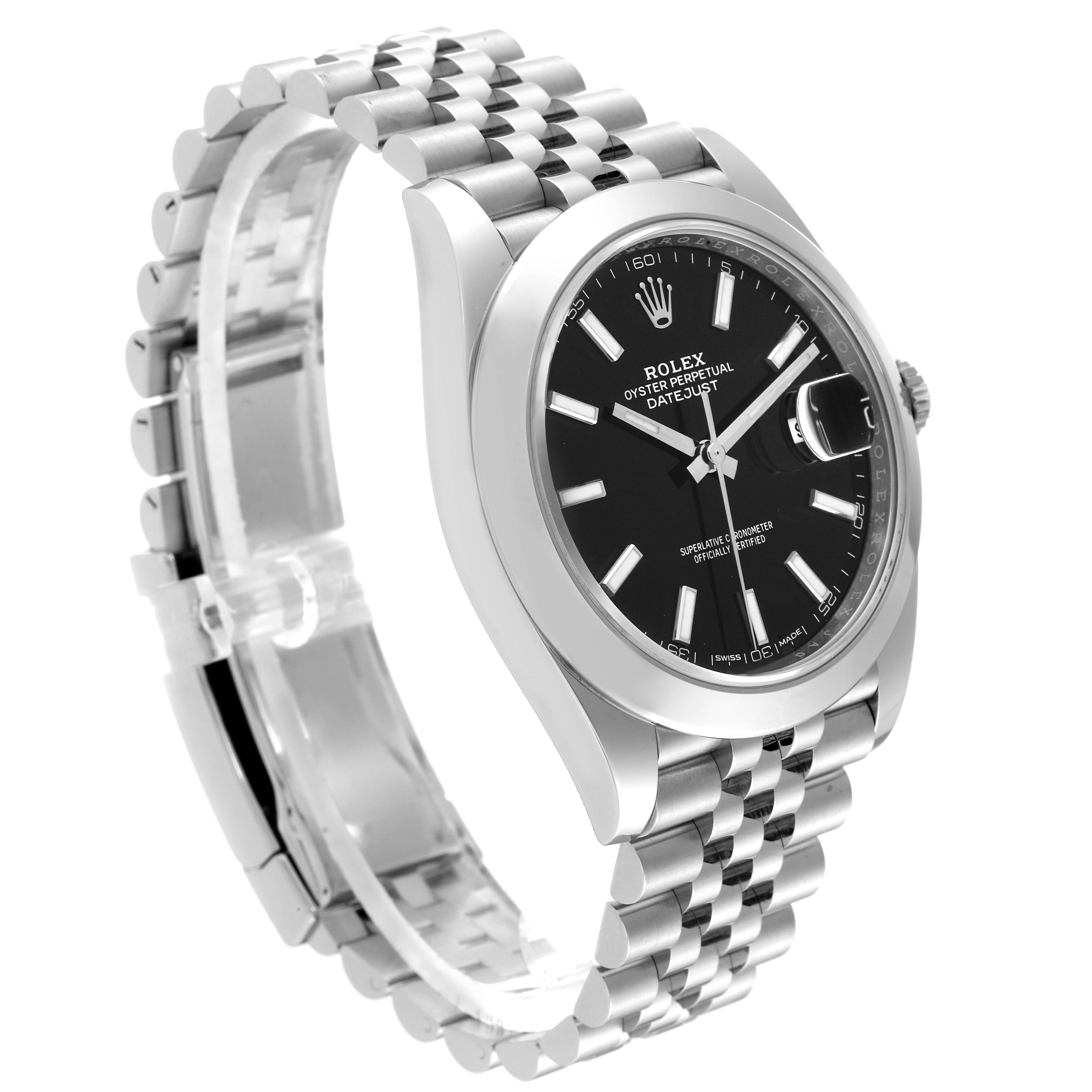 This image of the Rolex Datejust 41 126300 Men's Stainless Steel Black Dial 126300 Men's Stainless Steel Black Dial watch shows a side angle highlighting the dial, bezel, and part of the bracelet.