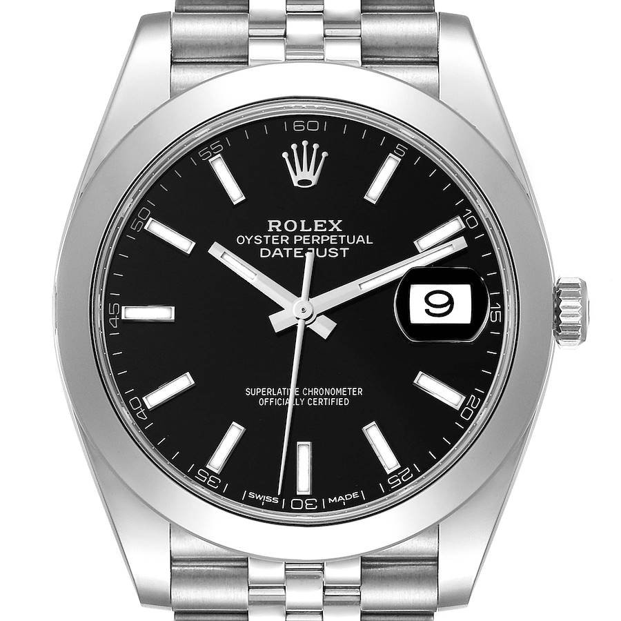 This image shows a Rolex Datejust 41 watch from a front view, highlighting the black dial, date window, and stainless steel bracelet.