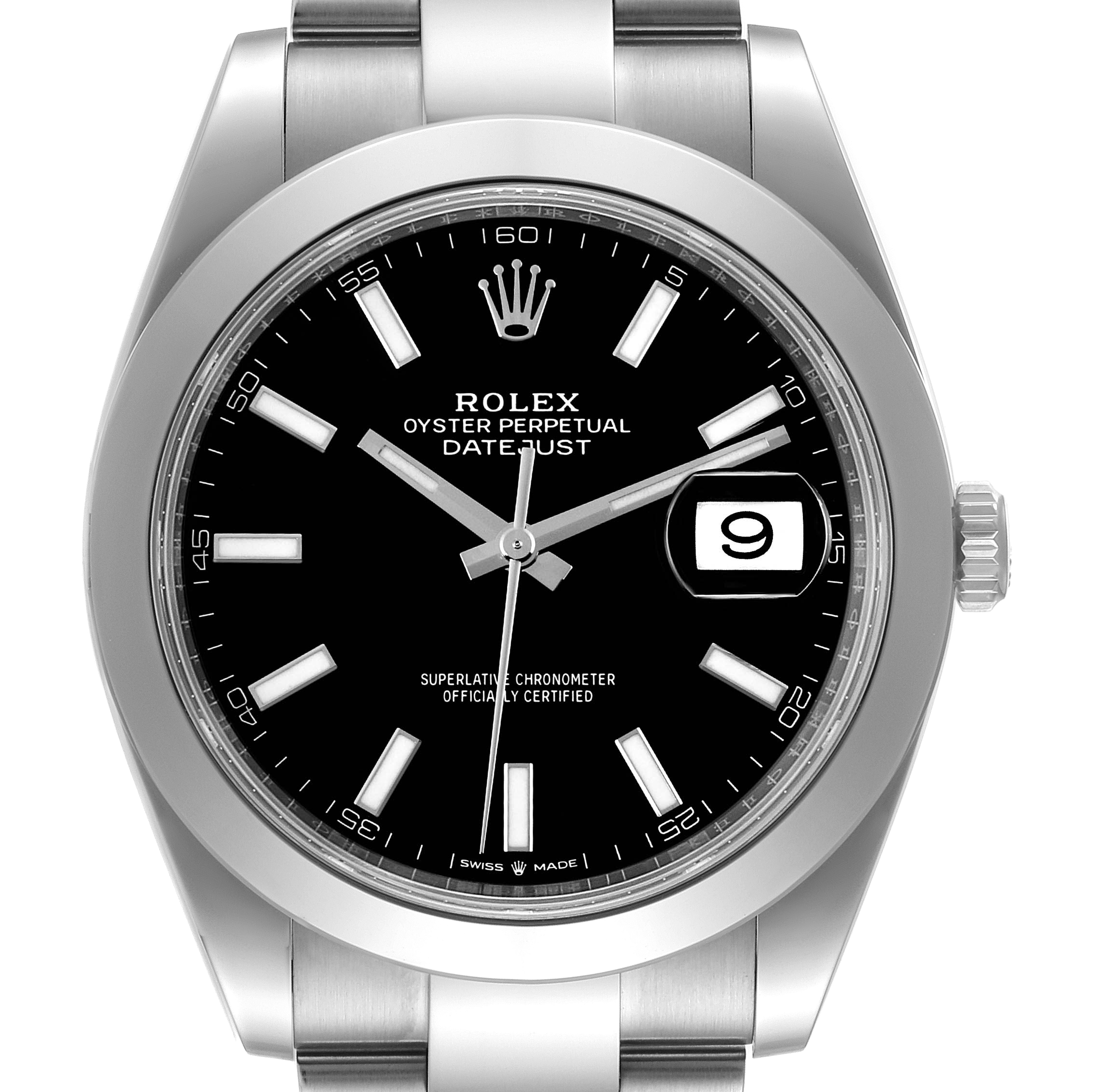 This image shows a front view of the Rolex Datejust 41 126300 Men
s Stainless Steel Black Dial 126300 Men
s Stainless Steel Black Dial, highlighting its dial, bezel, crown, and part of the bracelet.