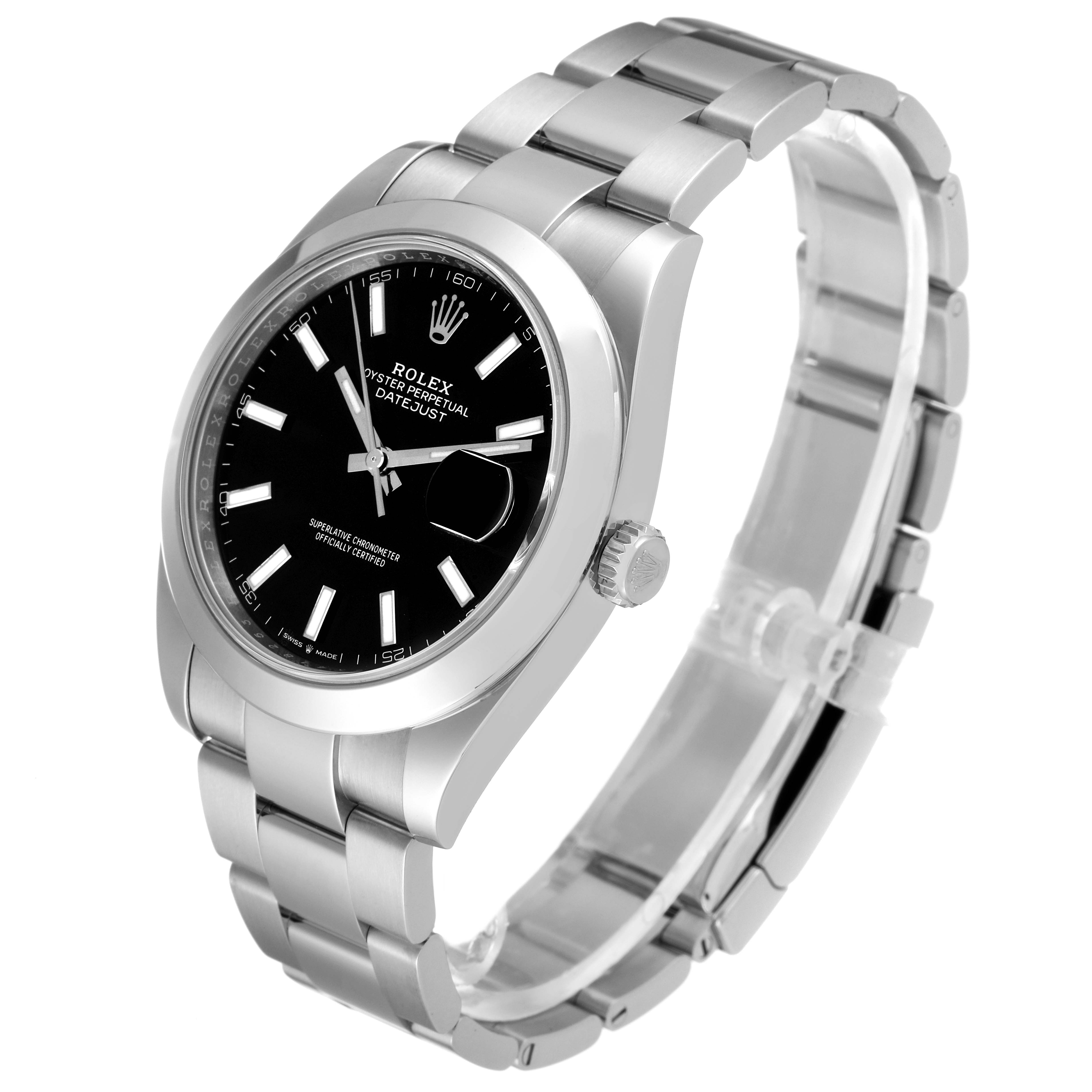 The Rolex Datejust 41 126300 Men
s Stainless Steel Black Dial 126300 Men
s Stainless Steel Black Dial watch is shown at an angled view, highlighting the dial, bracelet, and crown.