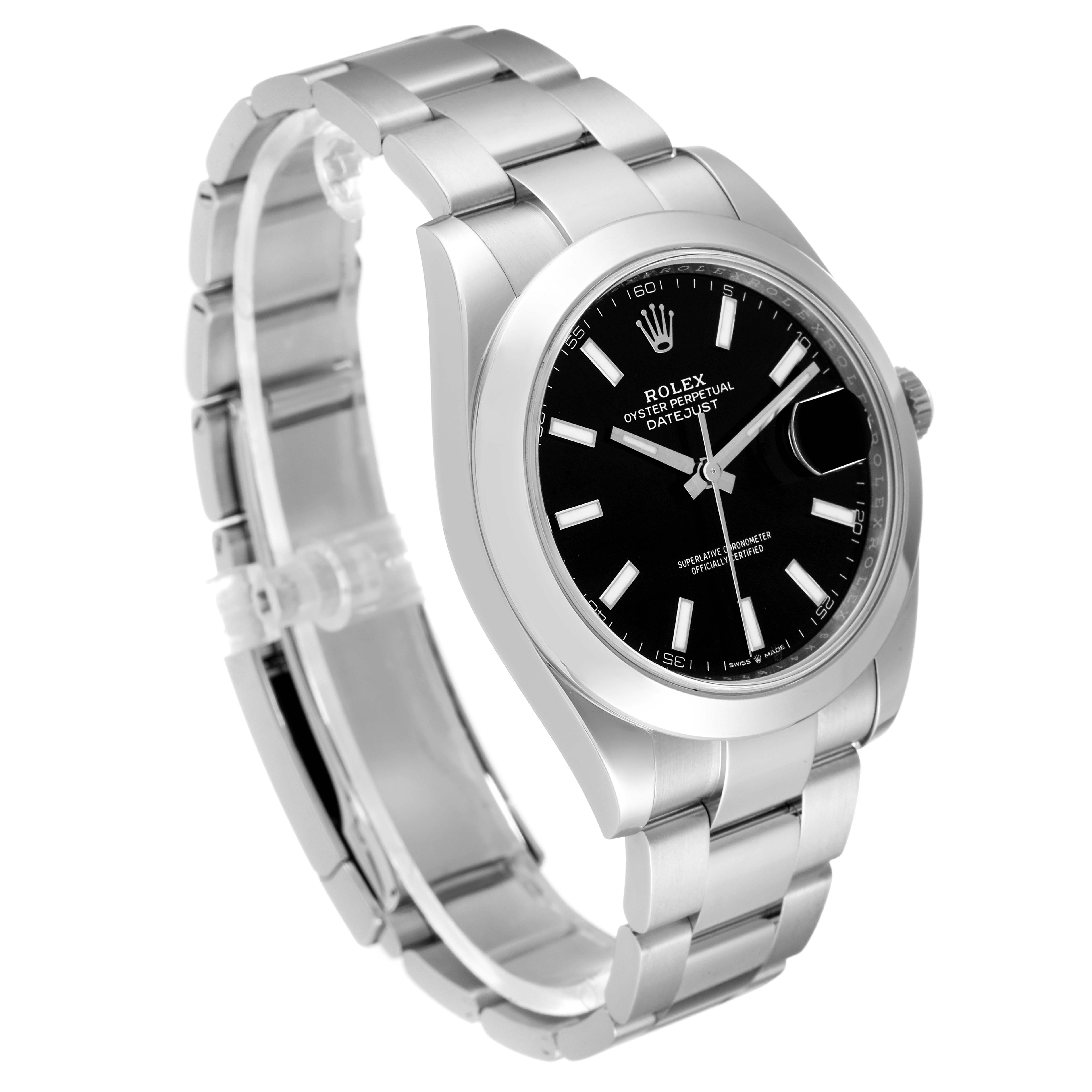 The image shows a Rolex Datejust 41 126300 Men
s Stainless Steel Black Dial 126300 Men
s Stainless Steel Black Dial watch at a tilted angle, displaying the face, bezel, and bracelet.