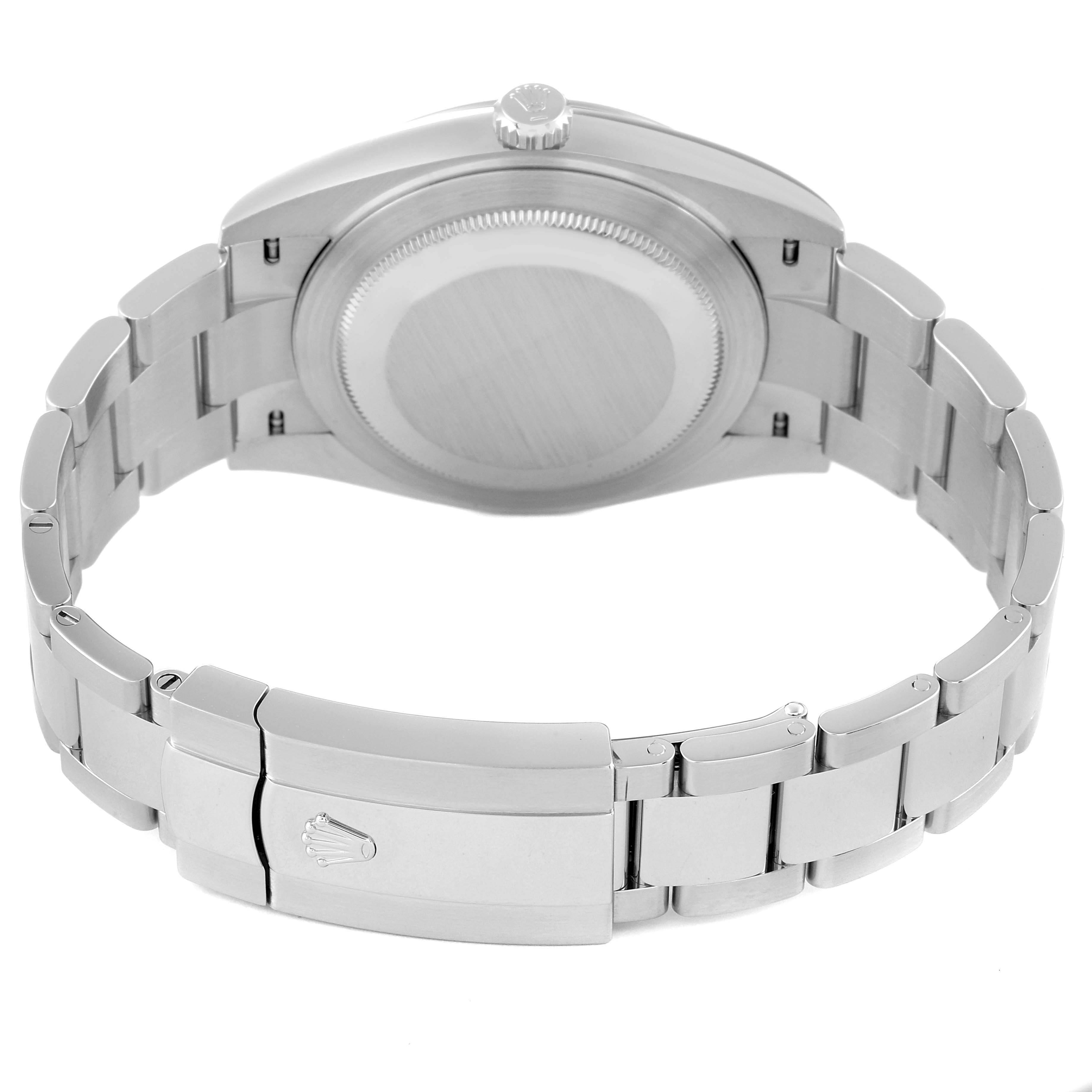 This image shows the back view of the Rolex Datejust 41 126300 Men
s Stainless Steel Black Dial 126300 Men
s Stainless Steel Black Dial watch, highlighting the case back and the stainless steel bracelet with the clasp.