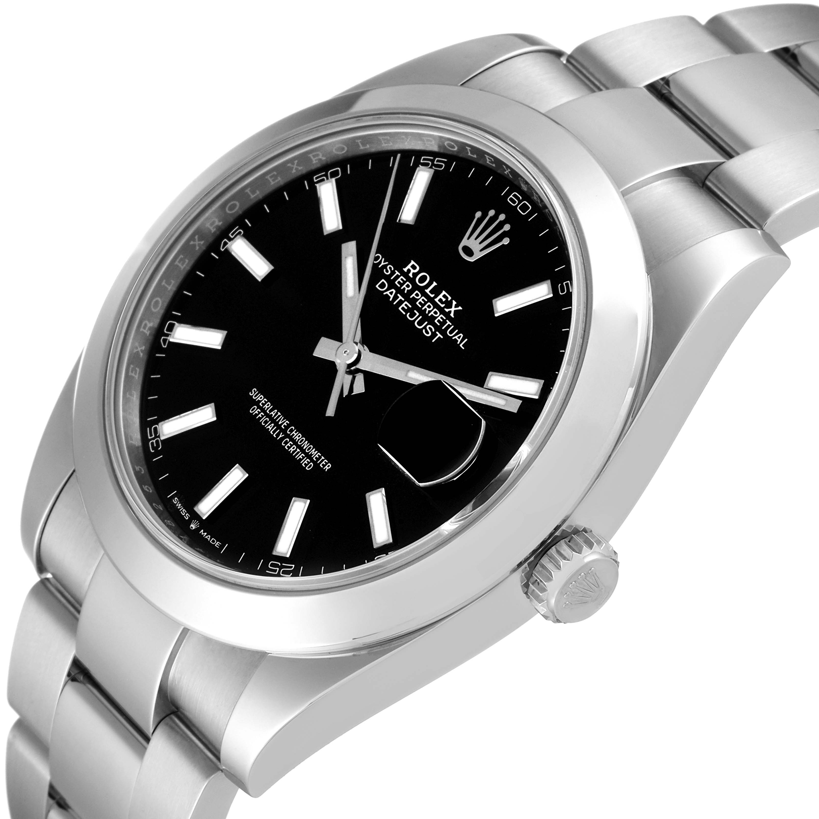 The image shows a Rolex Datejust 41 126300 Men
s Stainless Steel Black Dial 126300 Men
s Stainless Steel Black Dial watch at a tilted angle, highlighting the black dial, bracelet, and crown.