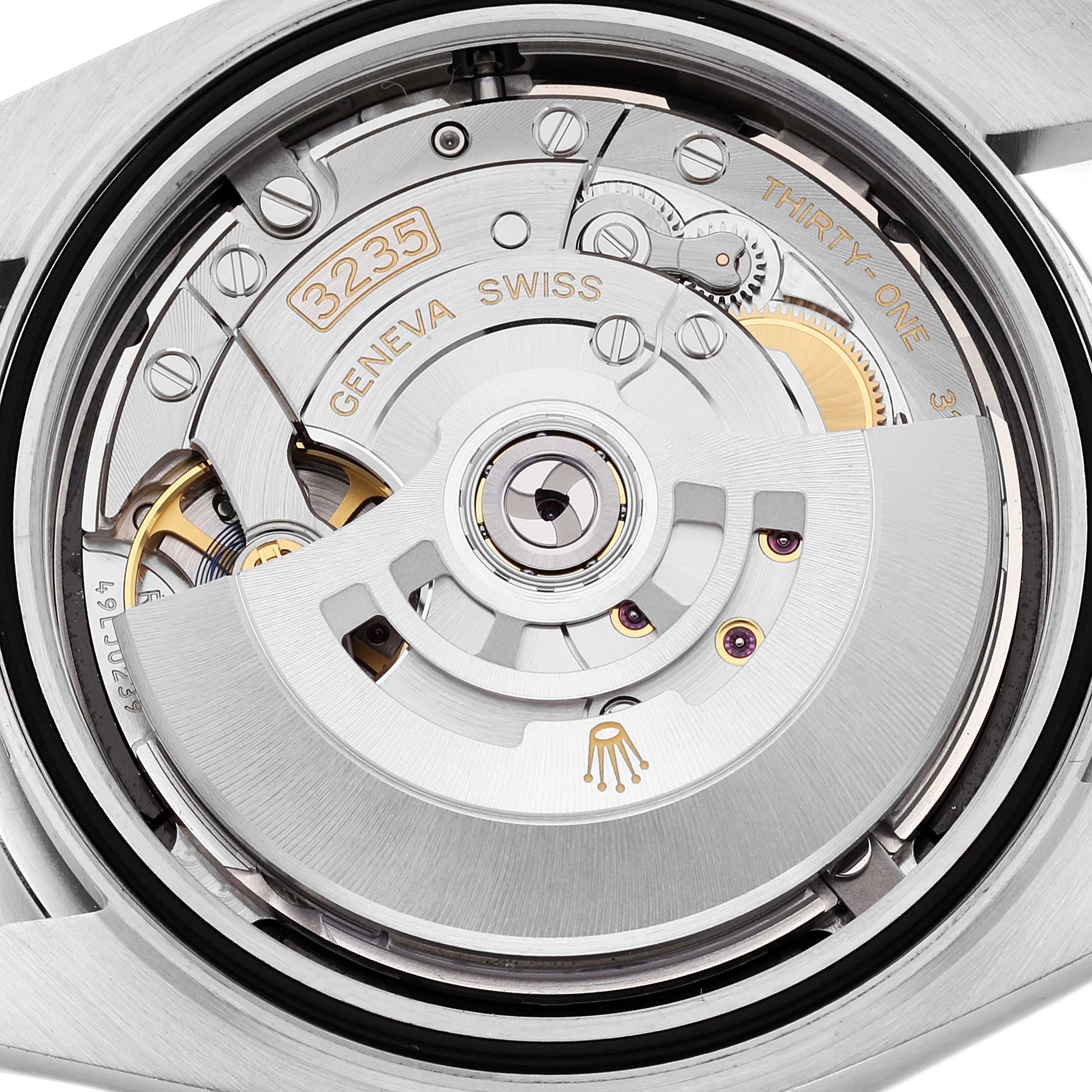 This image shows the movement of a Rolex Datejust 41 126300 Men
s Stainless Steel Black Dial 126300 Men
s Stainless Steel Black Dial, specifically its caliber 3235, at an up-close angle.