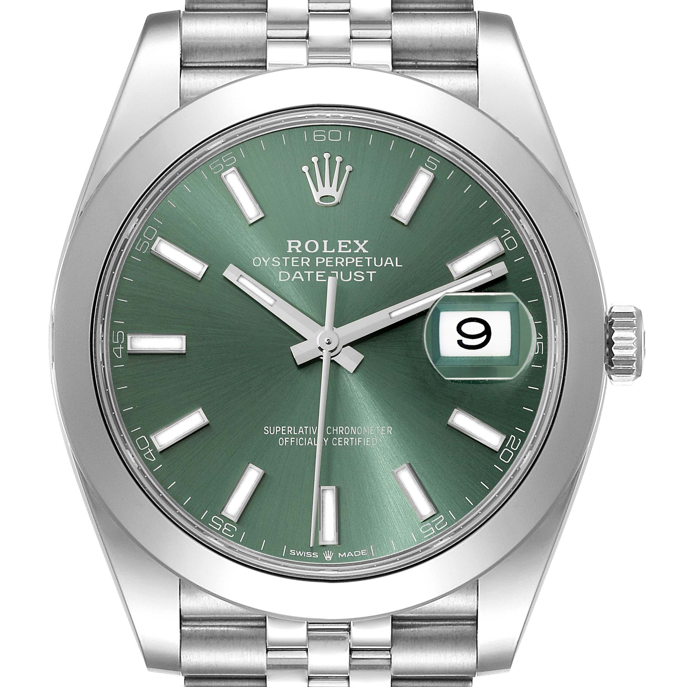 This image shows a frontal view of the Rolex Datejust 41 126300 Men's Stainless Steel Green Dial 126300 Men's Stainless Steel Green Dial, highlighting the green dial, date window, and Oyster bracelet.