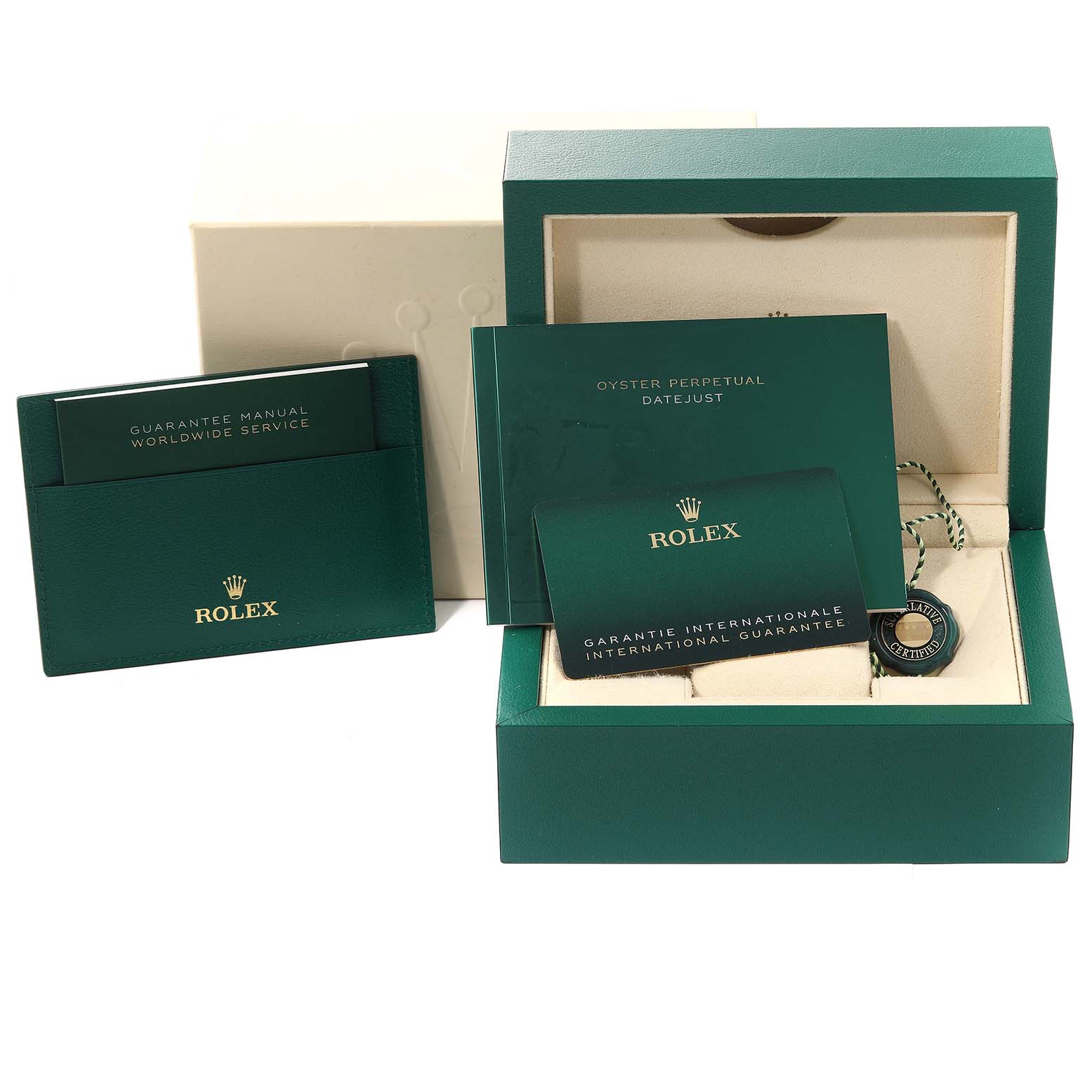 The image shows the Rolex Datejust 41 126300 Men's Stainless Steel Green Dial 126300 Men's Stainless Steel Green Dial packaging, including the box, manuals, guarantee card, and certification tag.