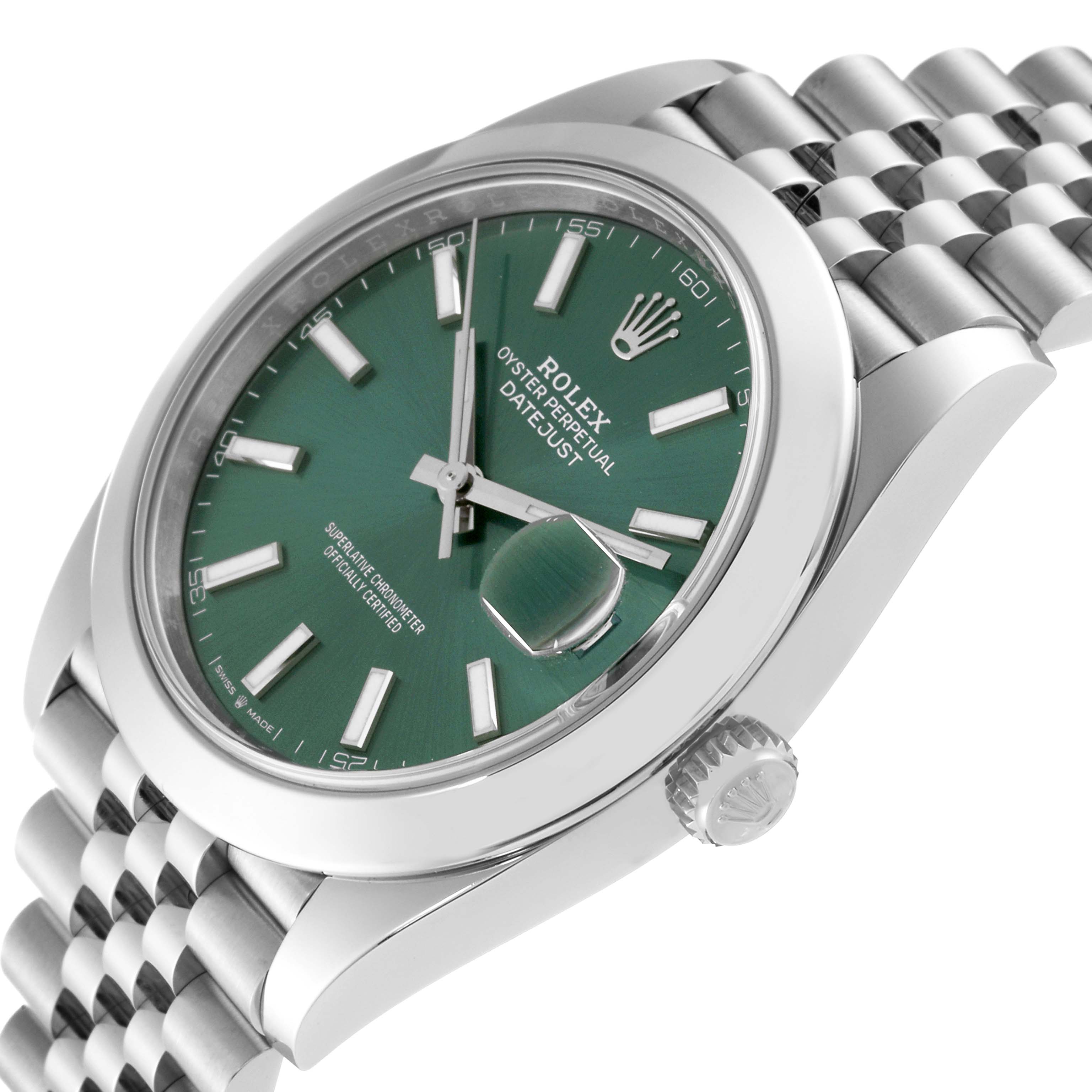This close-up angled image showcases the dial, bezel, crown, and bracelet of the Rolex Datejust 41 126300 Men's Stainless Steel Green Dial 126300 Men's Stainless Steel Green Dial.