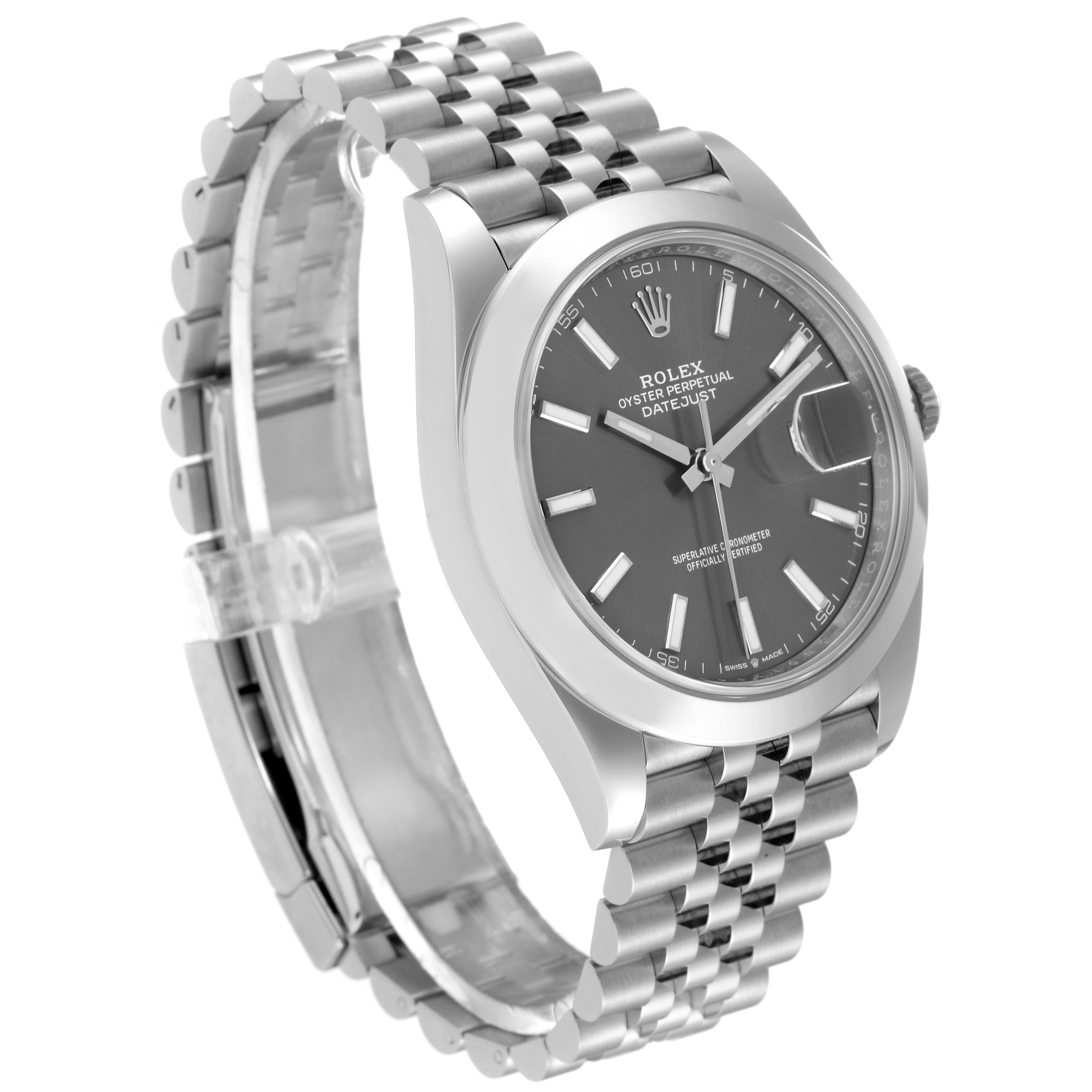 The Rolex Datejust 41 126300 Men's Stainless Steel Grey Dial 126300 Men's Stainless Steel Grey Dial watch is shown at a three-quarter angle, featuring the gray dial, Jubilee bracelet, and Cyclops lens over the date window.