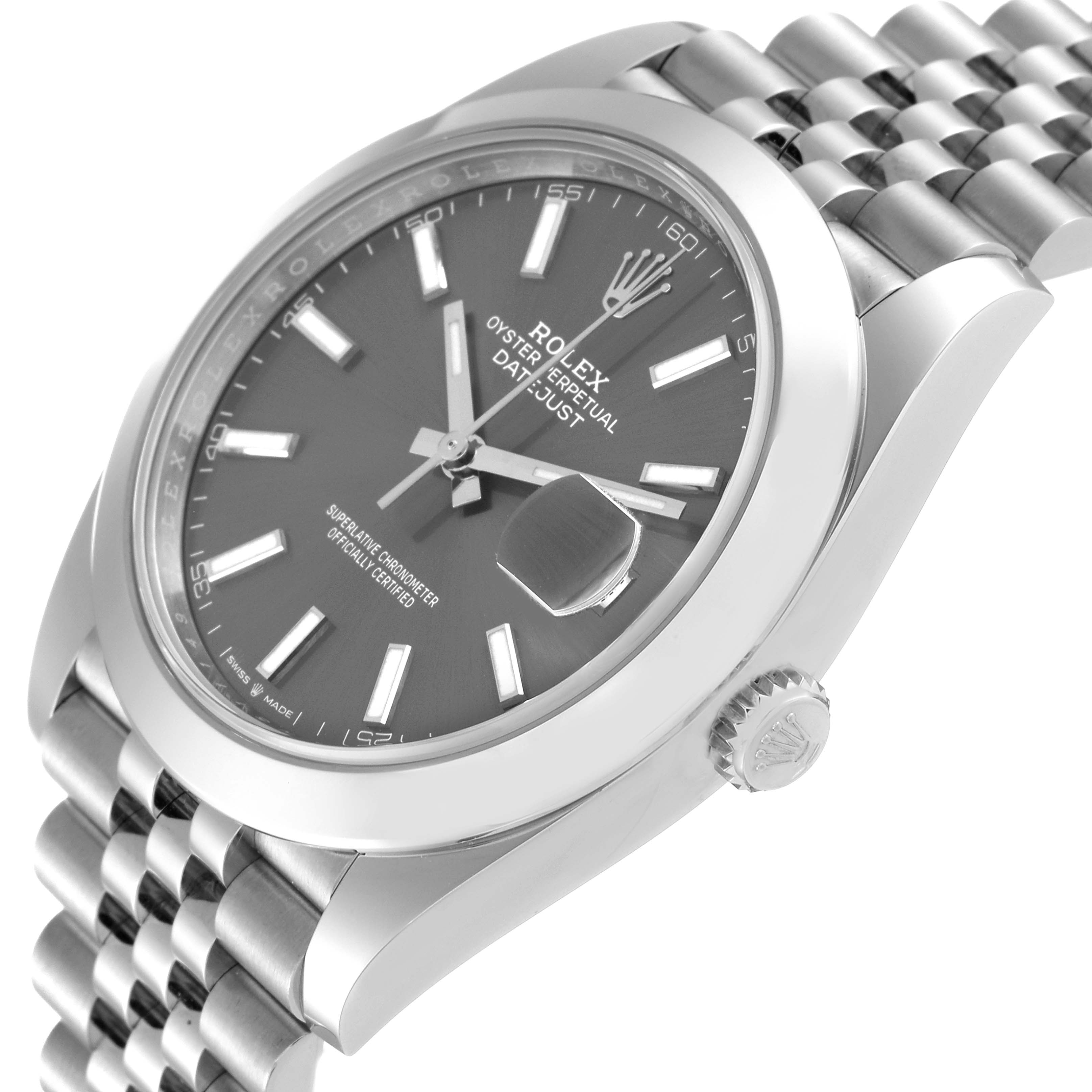 The image shows a close-up side angle of the Rolex Datejust 41 126300 Men's Stainless Steel Grey Dial 126300 Men's Stainless Steel Grey Dial, highlighting the face, crown, and bracelet.