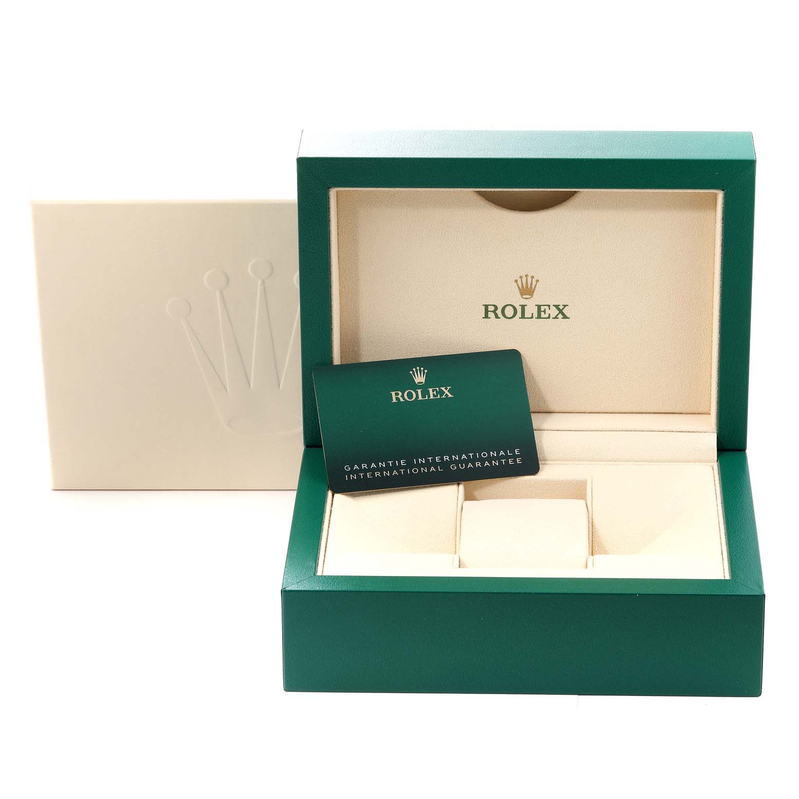 The image shows the packaging box for a Rolex Datejust 41 126300 Men's Stainless Steel Grey Dial 126300 Men's Stainless Steel Grey Dial model, including an international guarantee card.