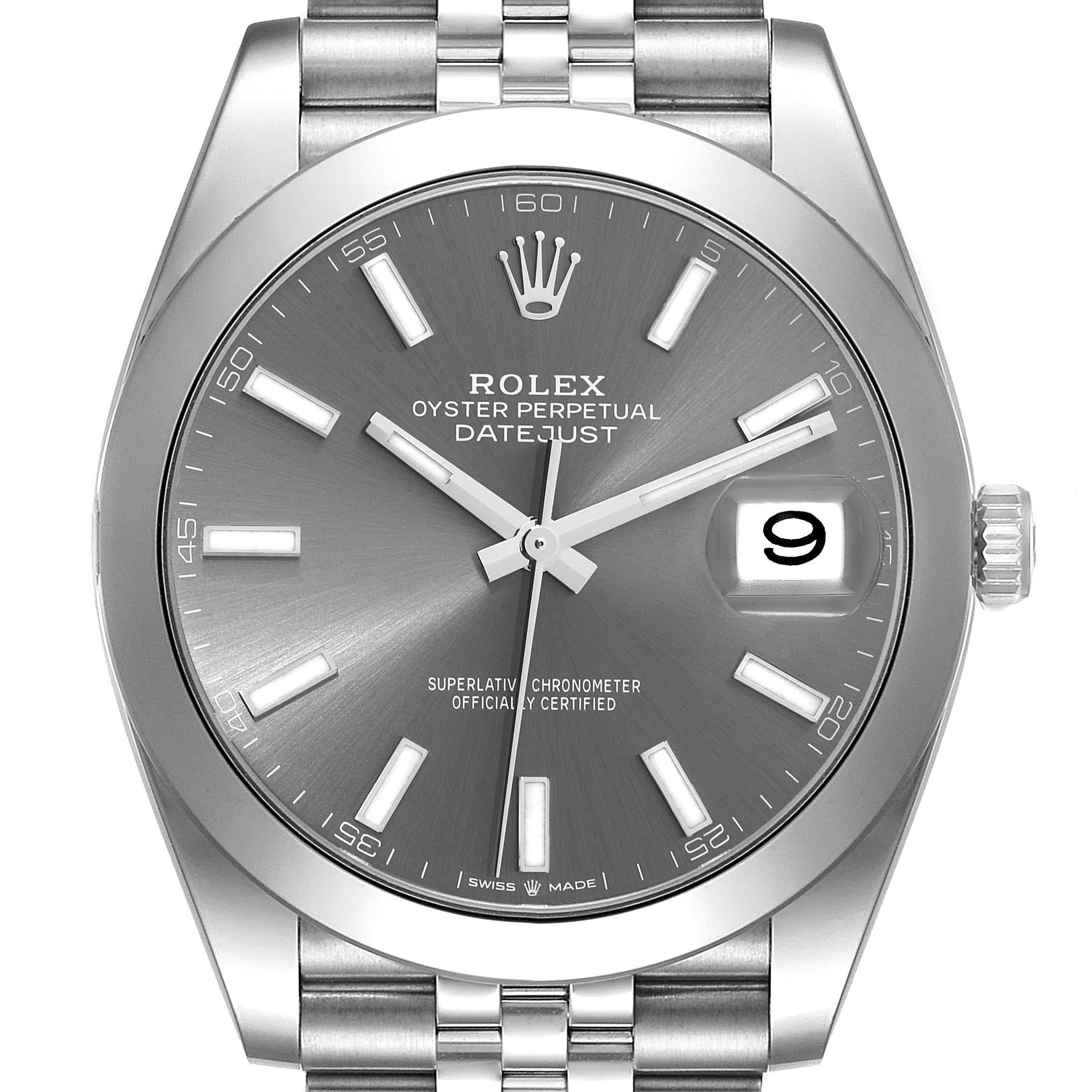 The image shows a frontal view of a Rolex Datejust 41 126300 Men's Stainless Steel Grey Dial 126300 Men's Stainless Steel Grey Dial watch, highlighting the dial, crown, and part of the bracelet.