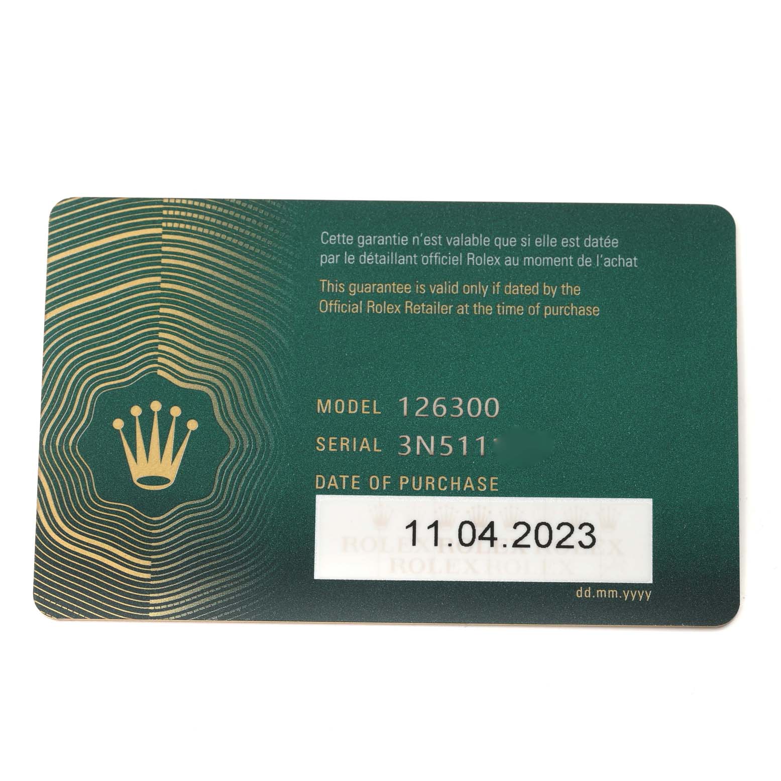 This image shows a warranty card for the Rolex Datejust 41 126300 Men's Stainless Steel Grey Dial 126300 Men's Stainless Steel Grey Dial model with the purchase date and model information visible.