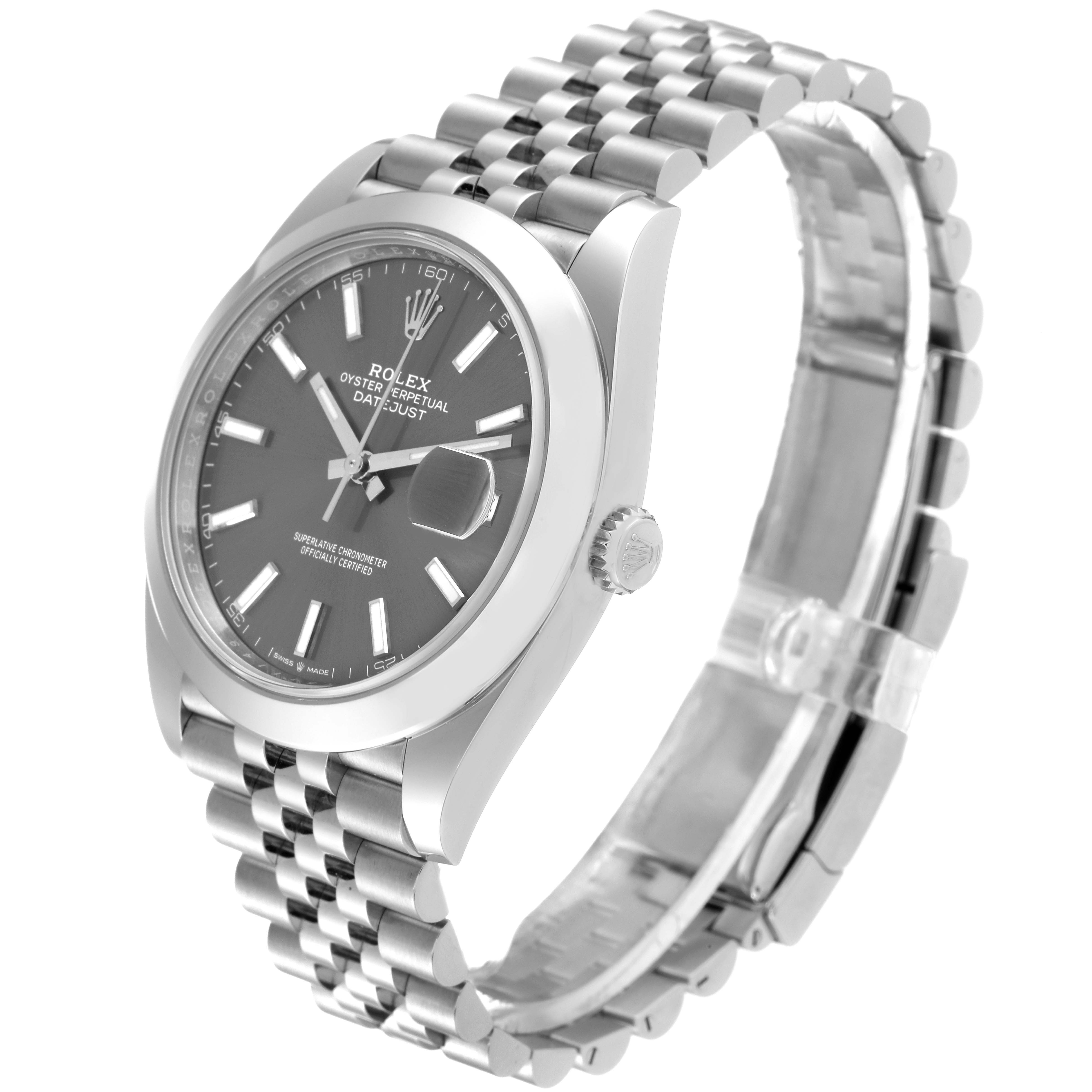 The image shows a Rolex Datejust 41 126300 Men's Stainless Steel Grey Dial 126300 Men's Stainless Steel Grey Dial watch from a tilted side angle, highlighting the face, bezel, crown, and bracelet.