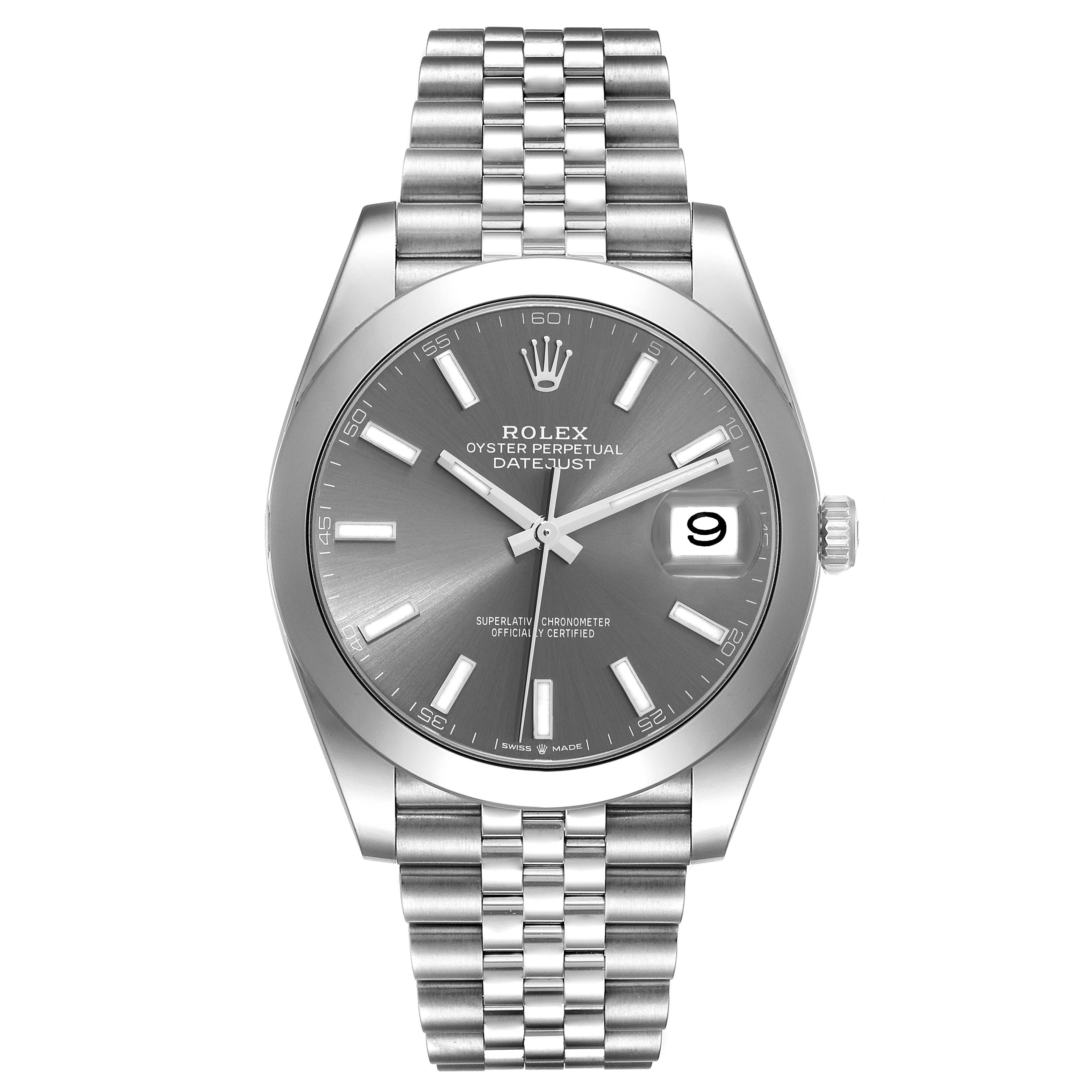 This Rolex Datejust 41 126300 Men's Stainless Steel Grey Dial 126300 Men's Stainless Steel Grey Dial watch is shown from a front angle, displaying the dial, bezel, crown, and Jubilee bracelet.