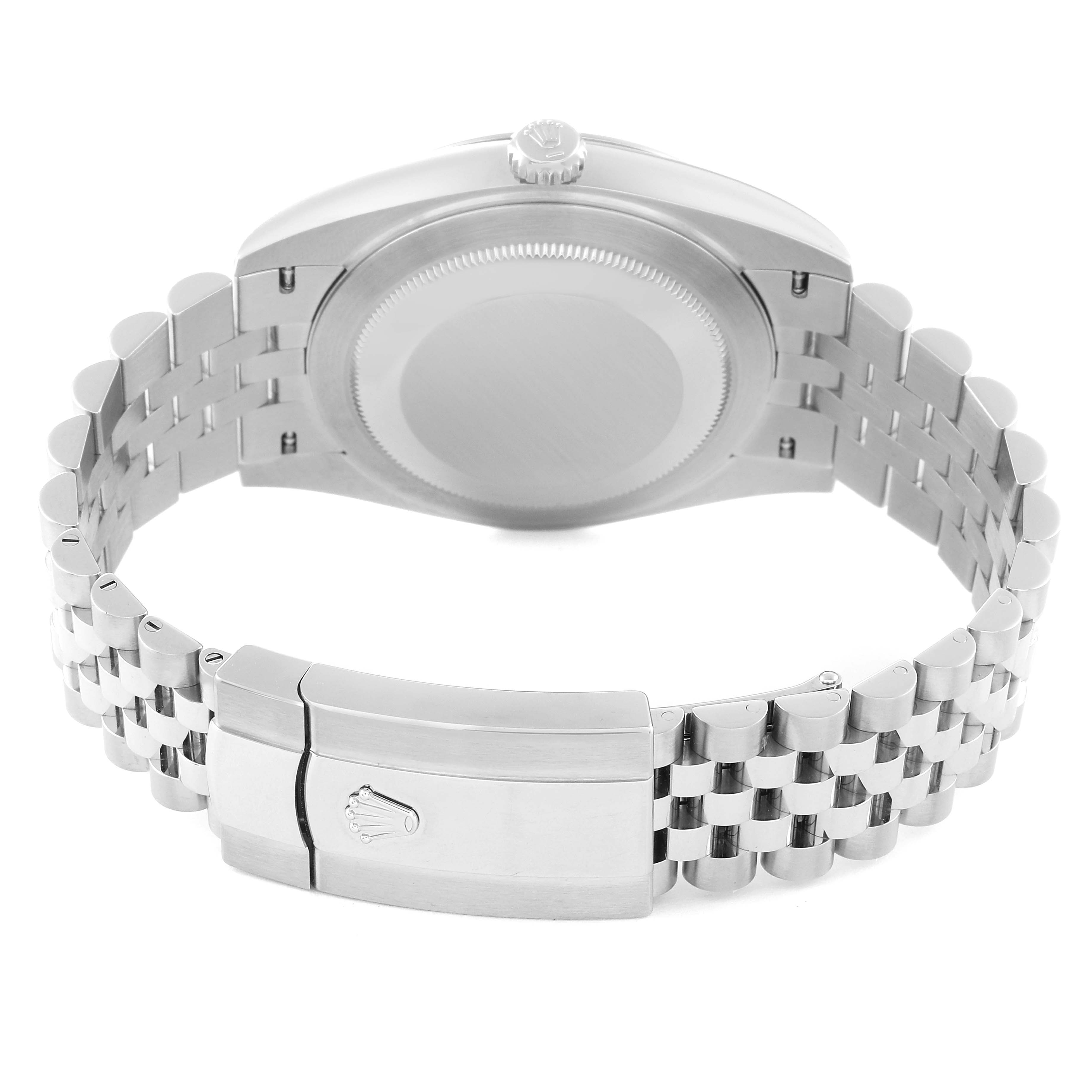 The image shows the back view of a Rolex Datejust 41 126300 Men's Stainless Steel Grey Dial 126300 Men's Stainless Steel Grey Dial watch, highlighting its case back and Jubilee bracelet with clasp.