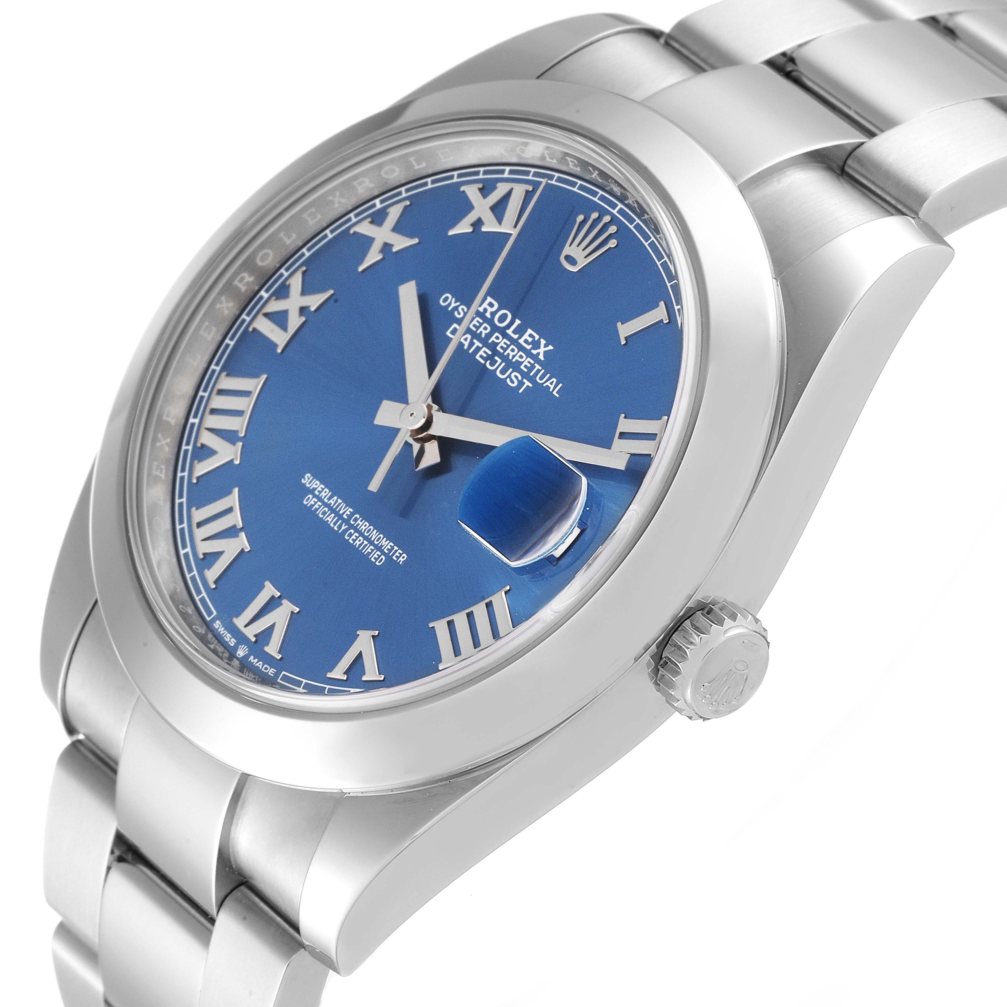 The Rolex Datejust 41 (model 126300) is shown from a side angle highlighting the blue dial, Roman numerals, bezel, and crown.