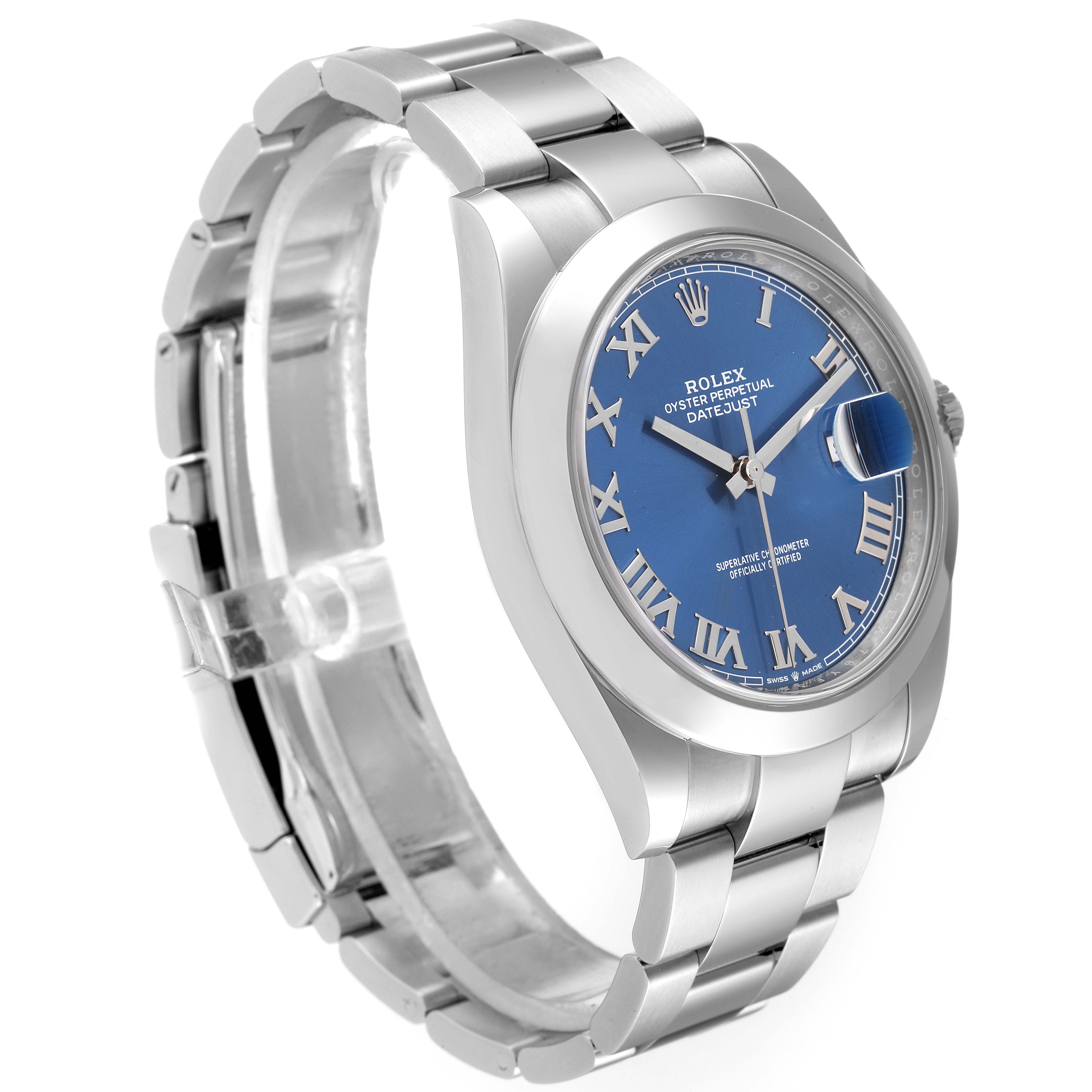 The Rolex Datejust 41 model 126300 is shown at a slight angle displaying the case, blue dial, Roman numerals, and bracelet.