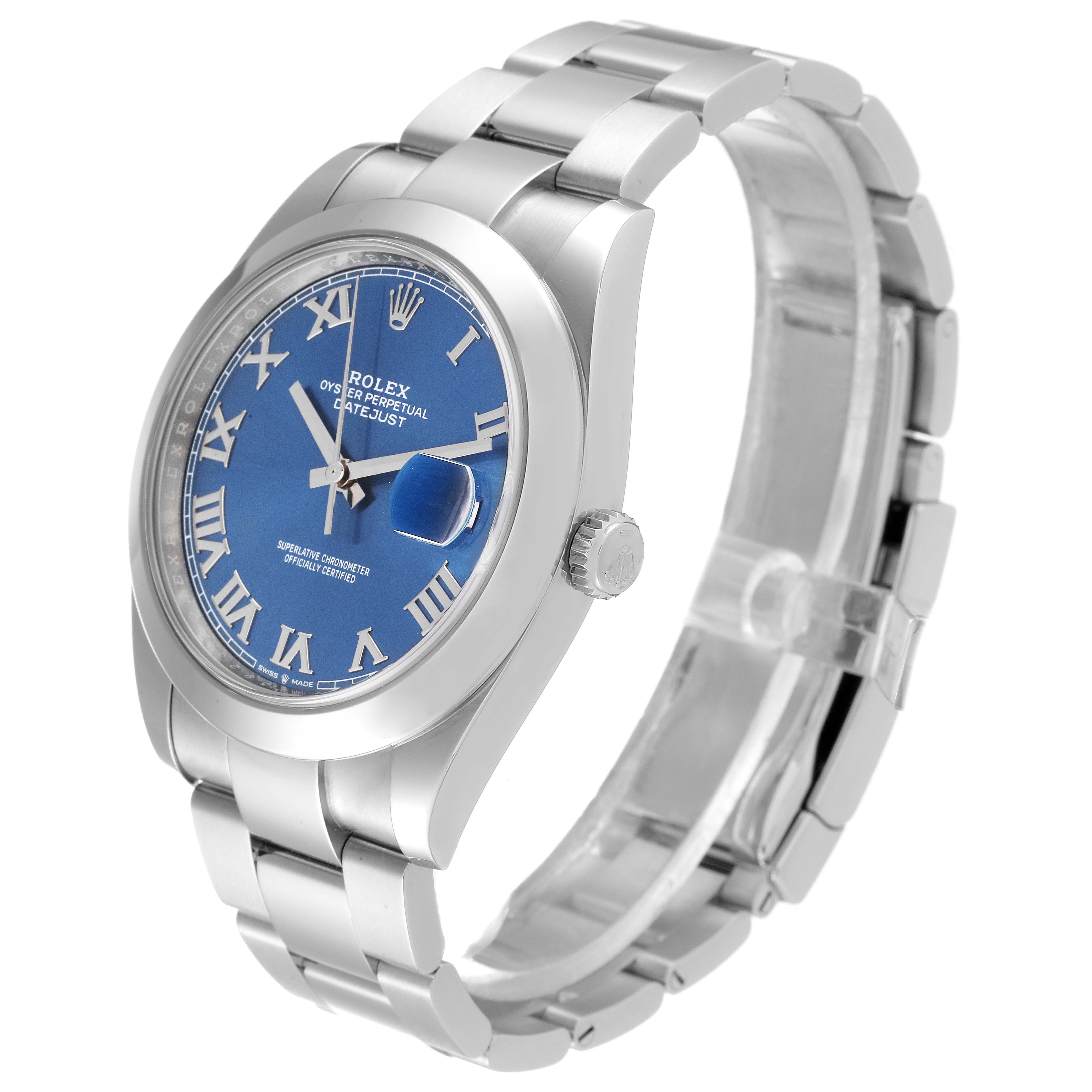 The Rolex Datejust 41 model 126300 is shown at a three-quarter angle, displaying its blue dial, Roman numerals, case, and bracelet.
