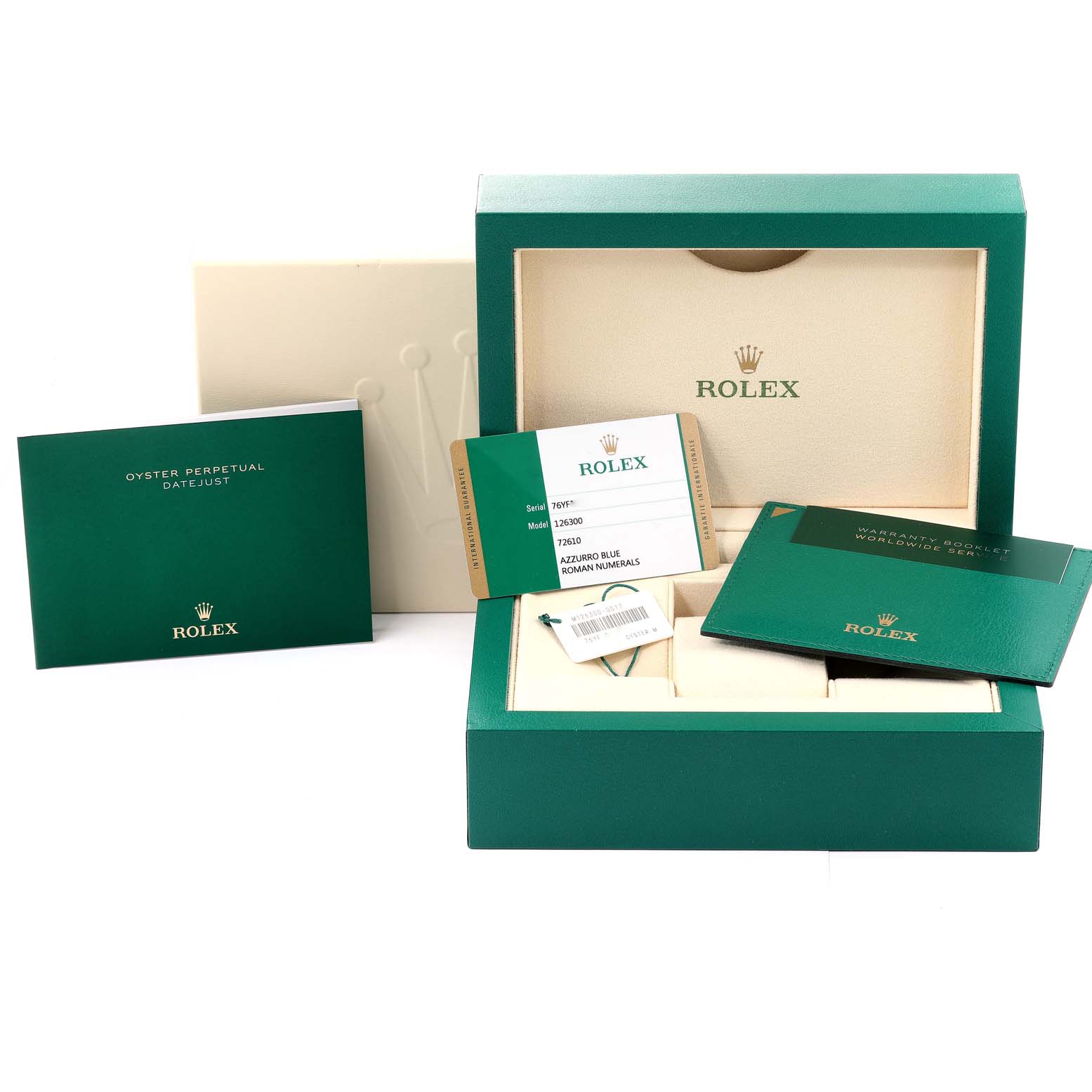 The image shows the packaging and accessories for a Rolex Datejust 41 watch, model number 126300, including the box, warranty card, and manuals.