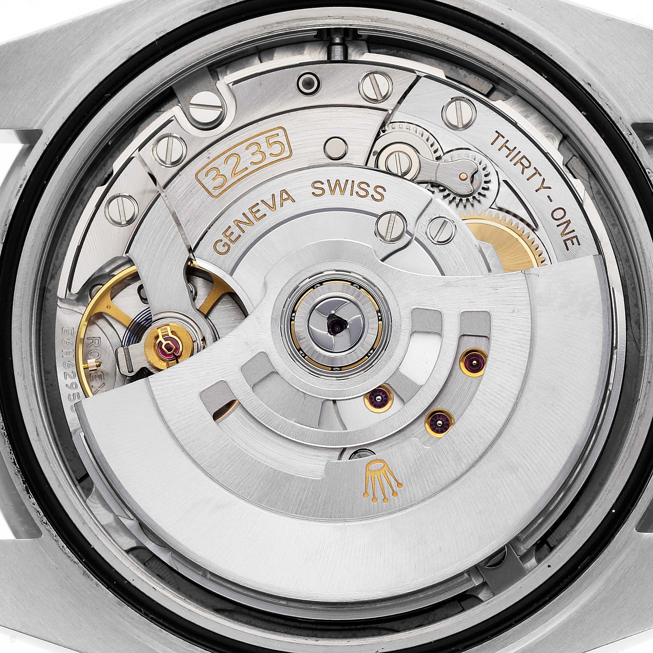 This image shows the movement and mechanical parts of a Rolex Datejust 41 126334 Men
s Stainless Steel Grey Dial 126334 Men
s Stainless Steel Grey Dial model, focusing on the automatic rotor and inner mechanisms.