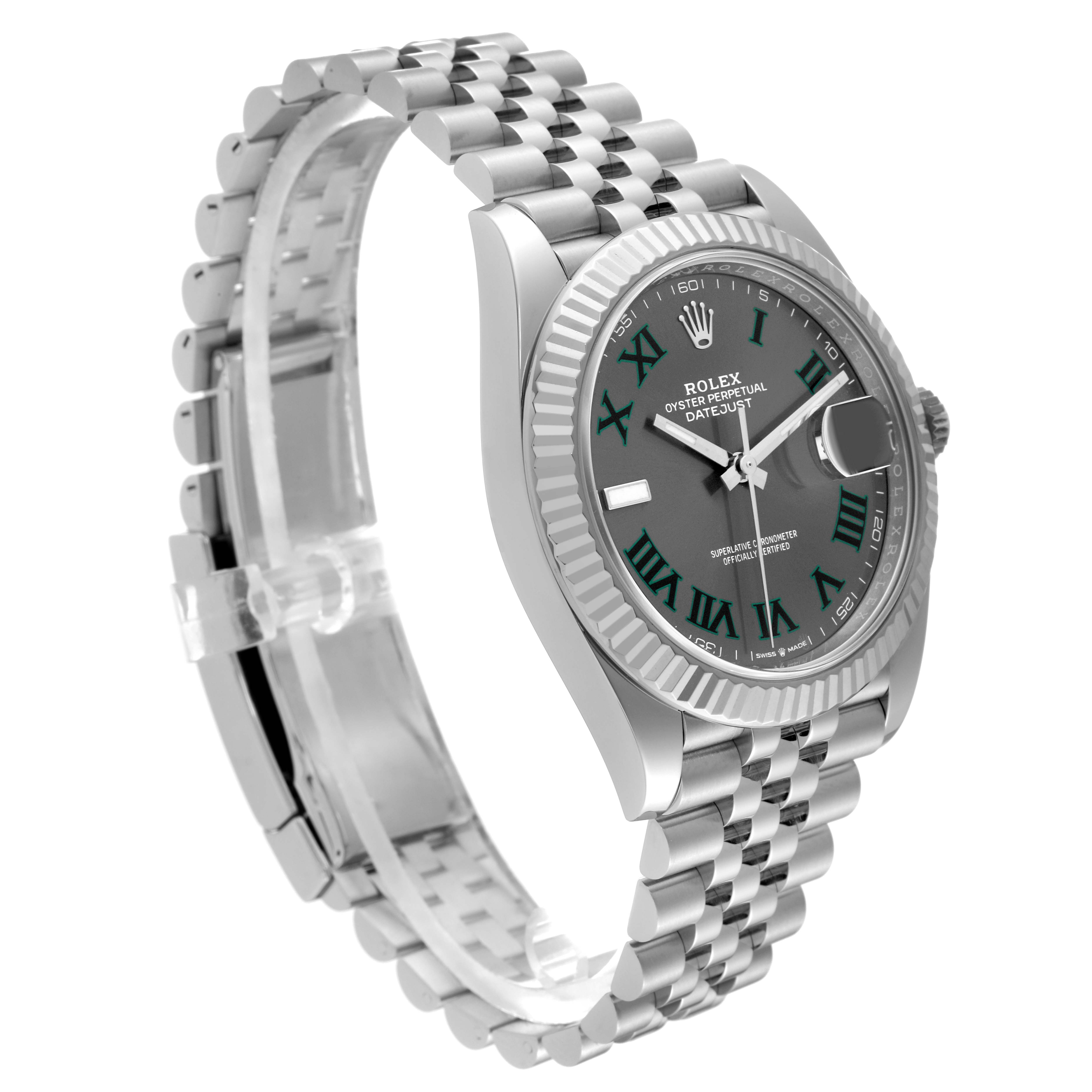 The Rolex Datejust 41 126334 Men
s Stainless Steel Grey Dial 126334 Men
s Stainless Steel Grey Dial is shown at a side angle, displaying the face, bezel, crown, and metal bracelet.