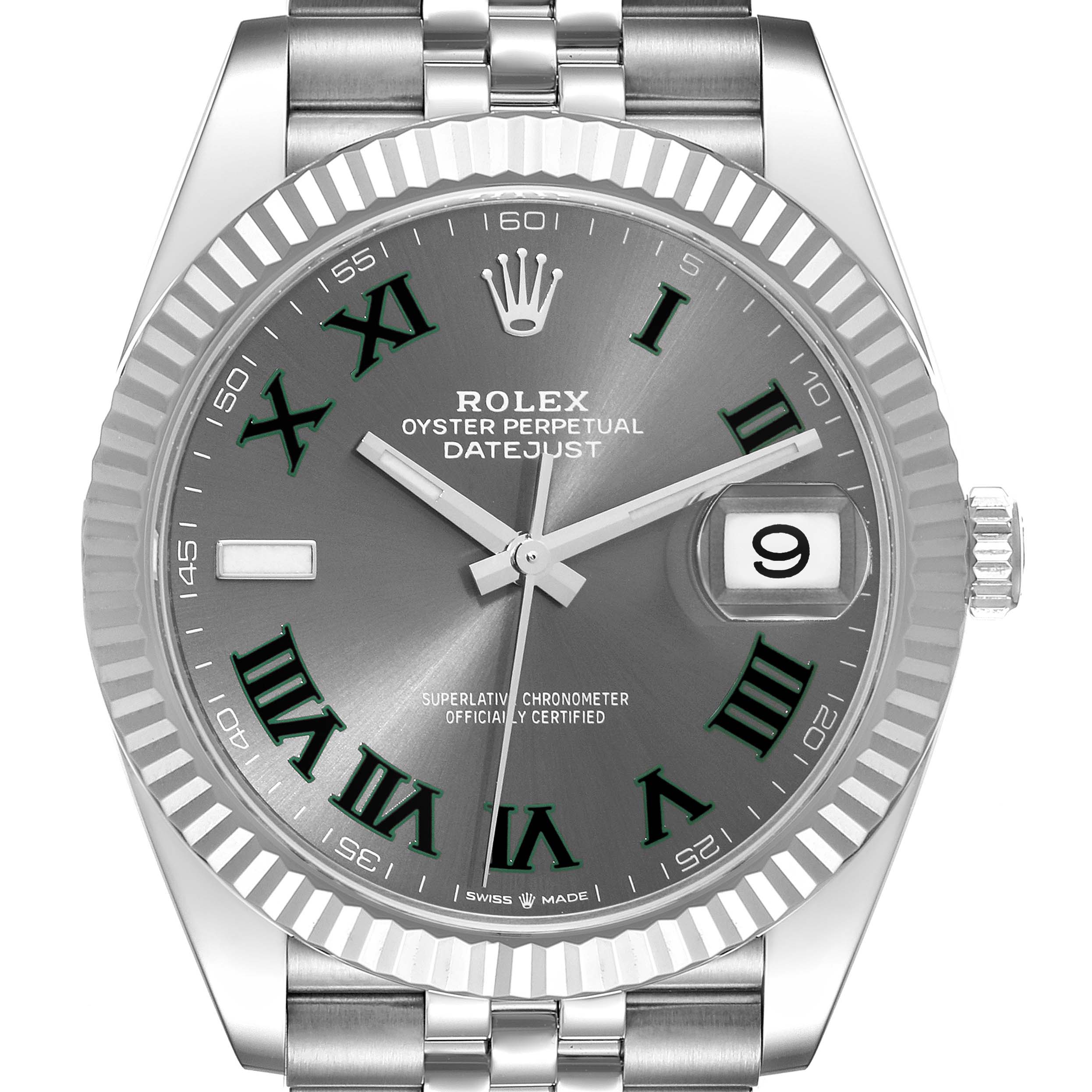 This image shows the dial, bezel, crown, and part of the bracelet of the Rolex Datejust 41 126334 Men
s Stainless Steel Grey Dial 126334 Men
s Stainless Steel Grey Dial.
