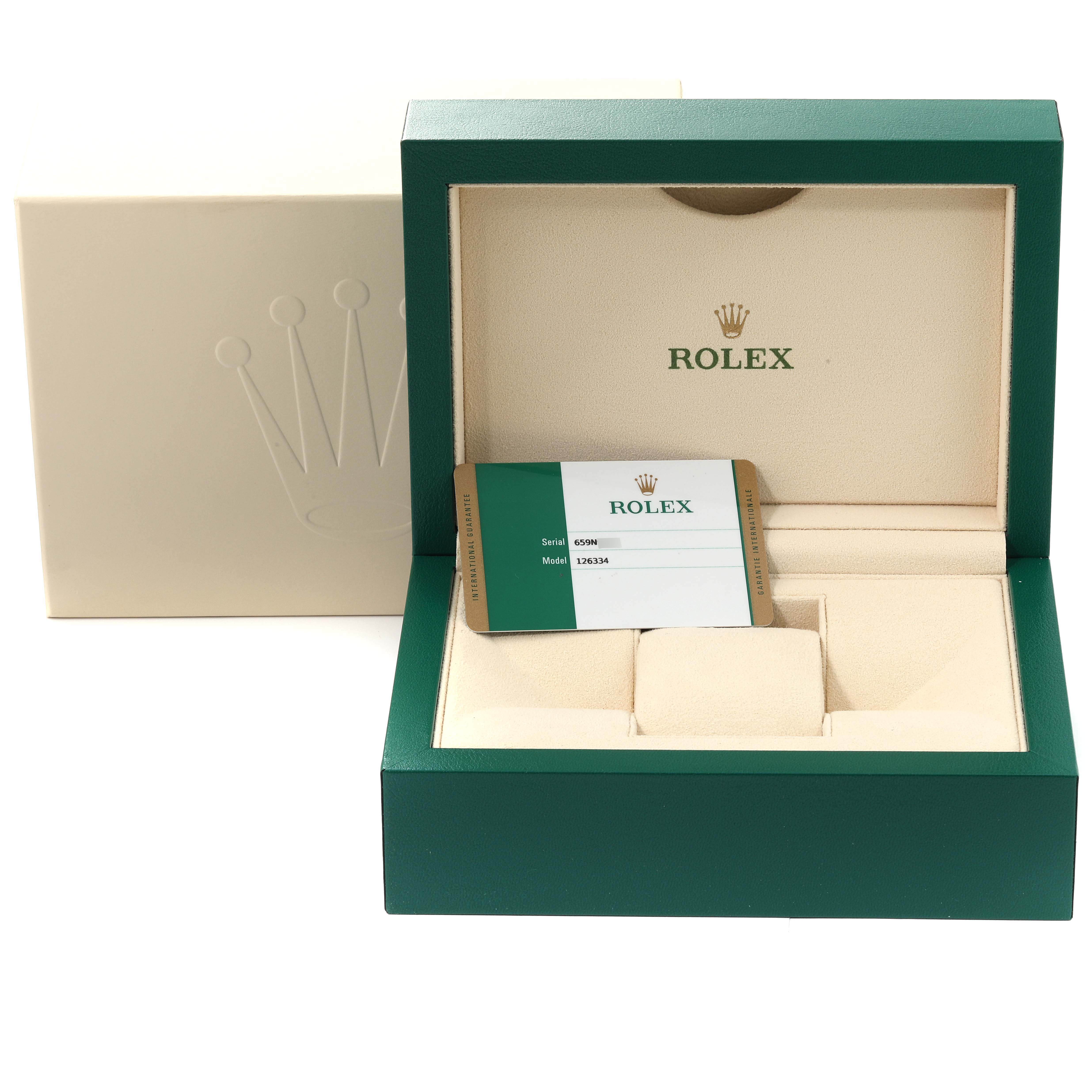 The image shows the open packaging of a Rolex Datejust 41 126334 Men
s Stainless Steel Grey Dial 126334 Men
s Stainless Steel Grey Dial watch, including the green box, beige interior, and an Best Quality
ity card.