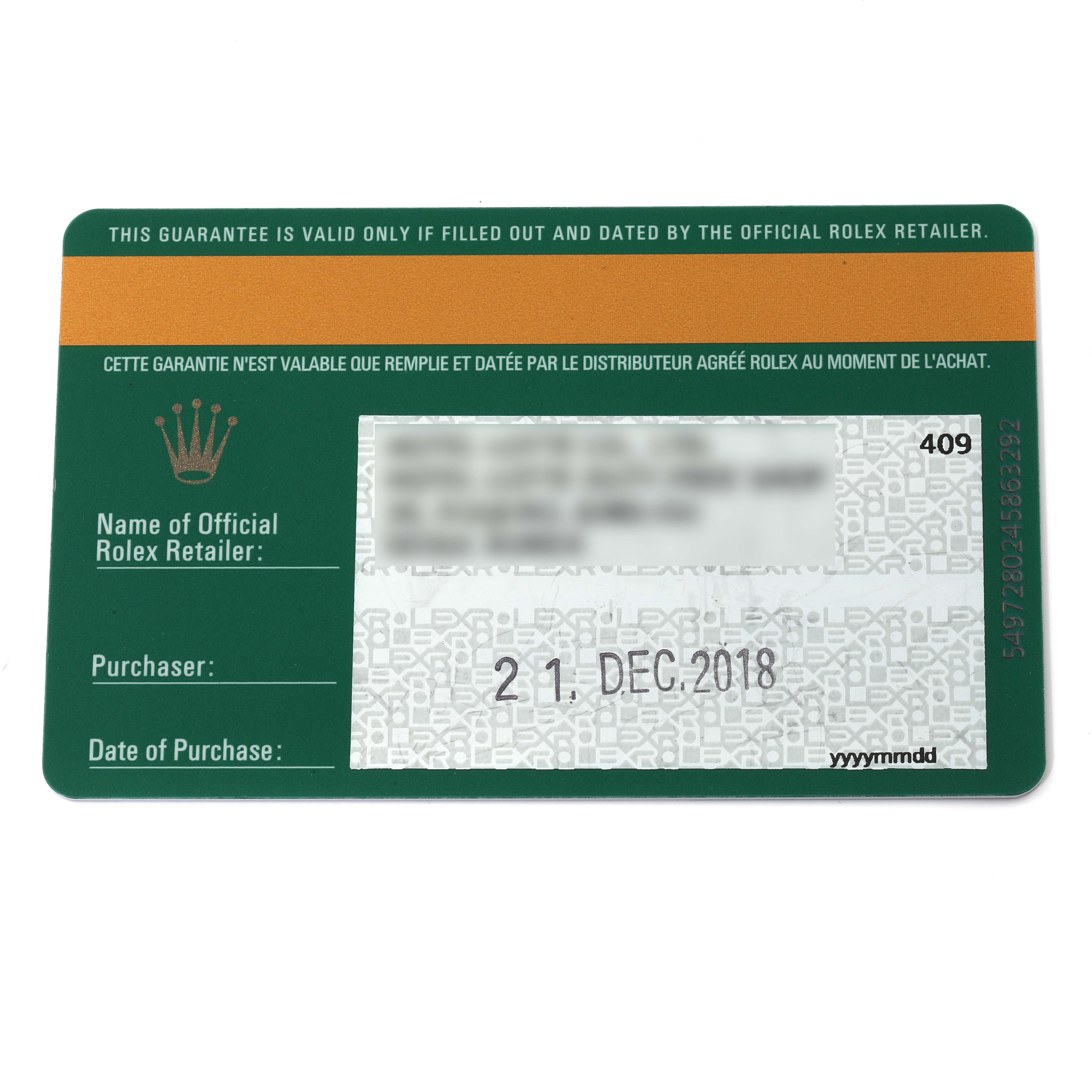 The image shows the warranty card for the Rolex Datejust 41 126334 Men
s Stainless Steel Grey Dial 126334 Men
s Stainless Steel Grey Dial model.