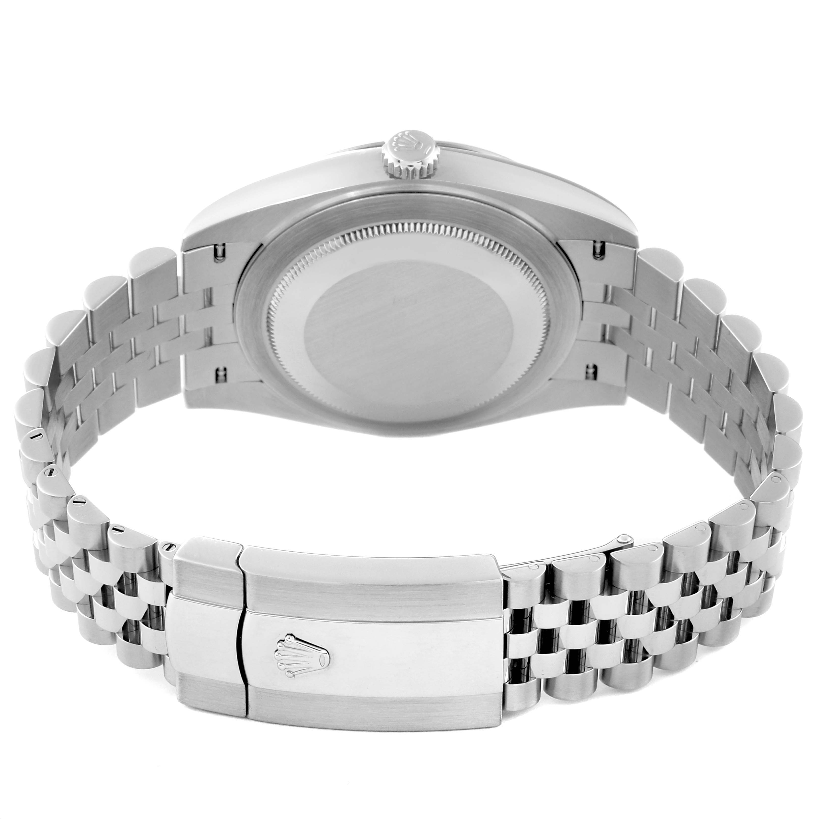 The image shows the back case and bracelet of a Rolex Datejust 41 126334 Men
s Stainless Steel Grey Dial 126334 Men
s Stainless Steel Grey Dial watch, with the clasp prominently displayed.