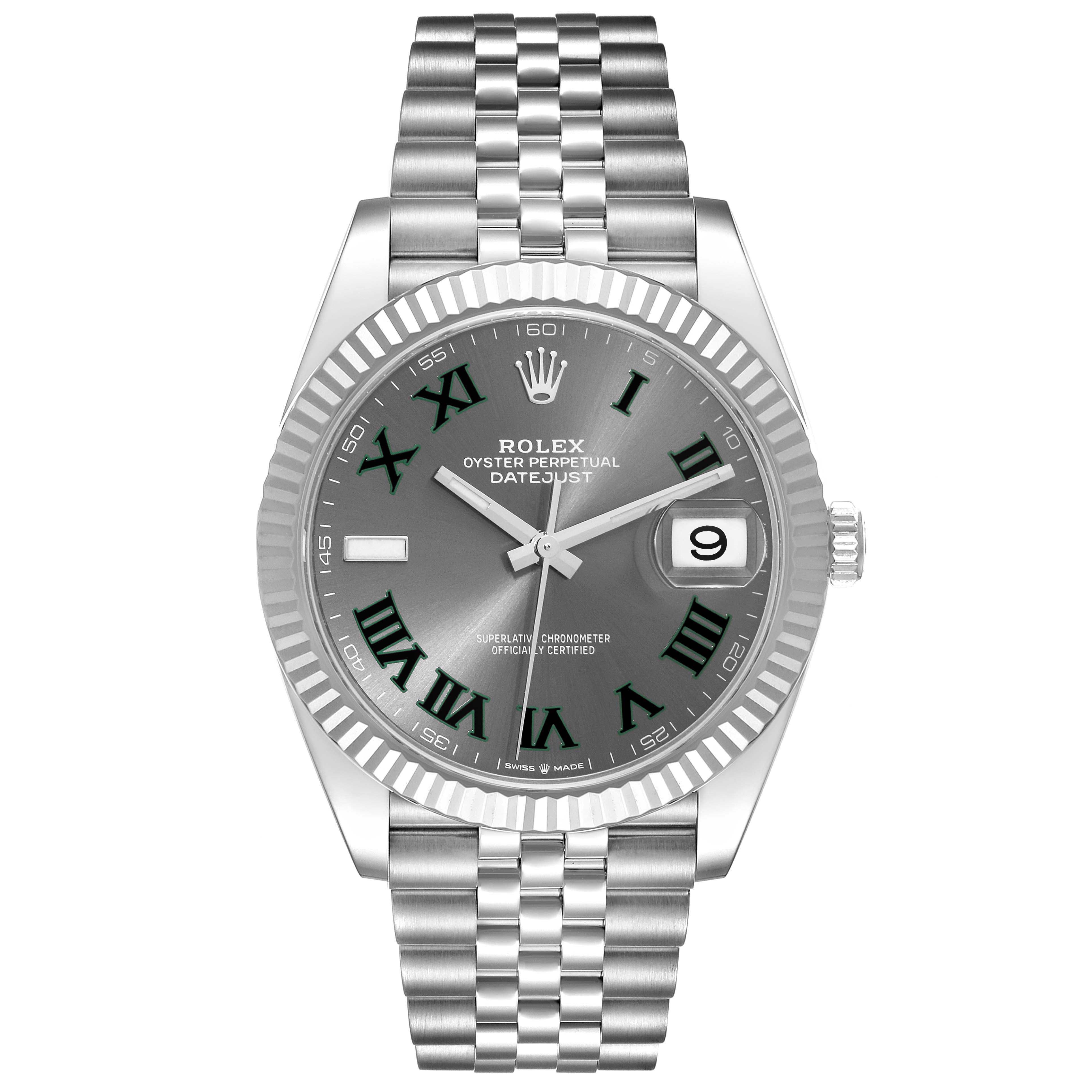 This is a front view of the Rolex Datejust 41 126334 Men
s Stainless Steel Grey Dial 126334 Men
s Stainless Steel Grey Dial model, showcasing the dial, bezel, bracelet, and date window.
