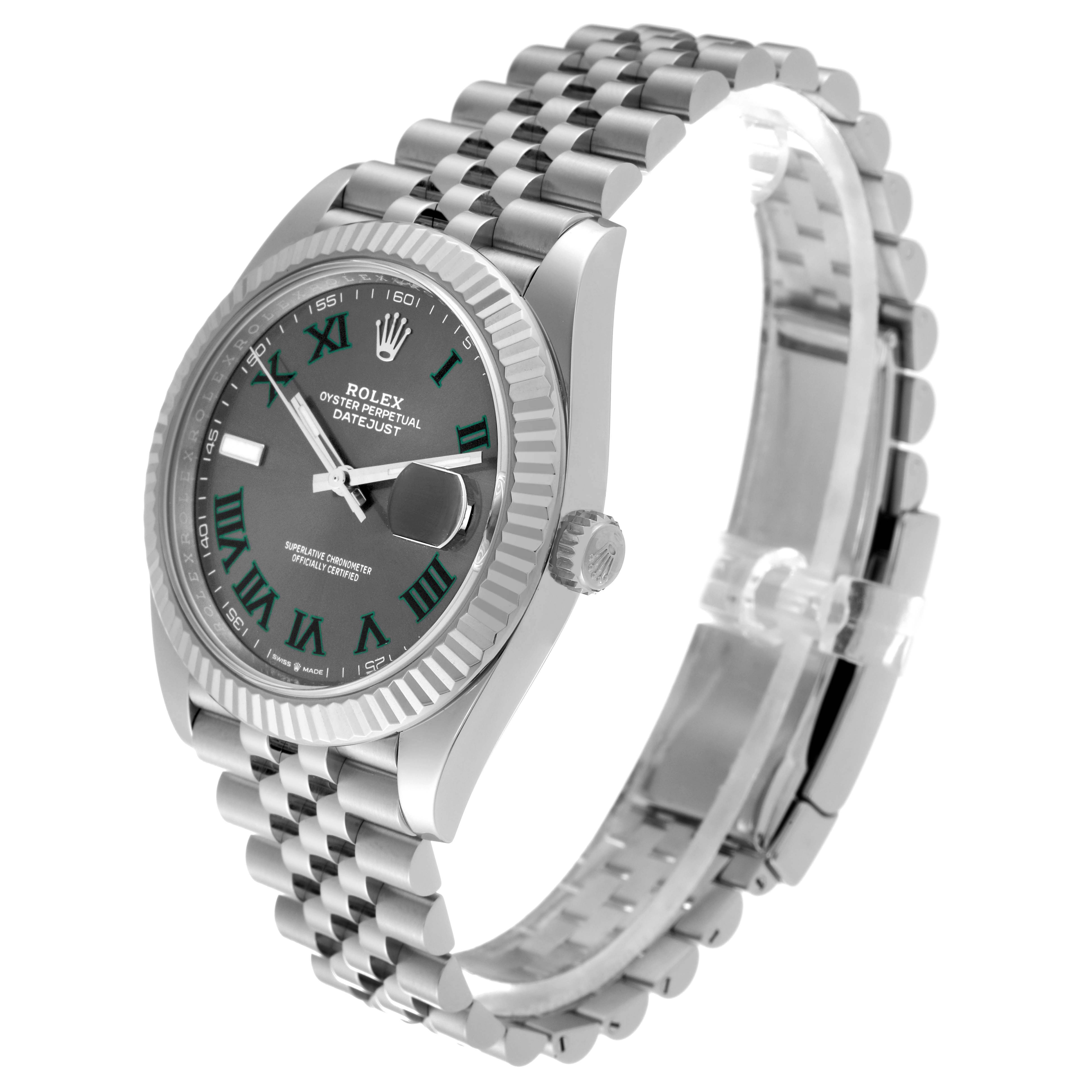 The Rolex Datejust 41 126334 Men
s Stainless Steel Grey Dial 126334 Men
s Stainless Steel Grey Dial watch is shown from a front angle, highlighting the dial, fluted bezel, and Jubilee bracelet.