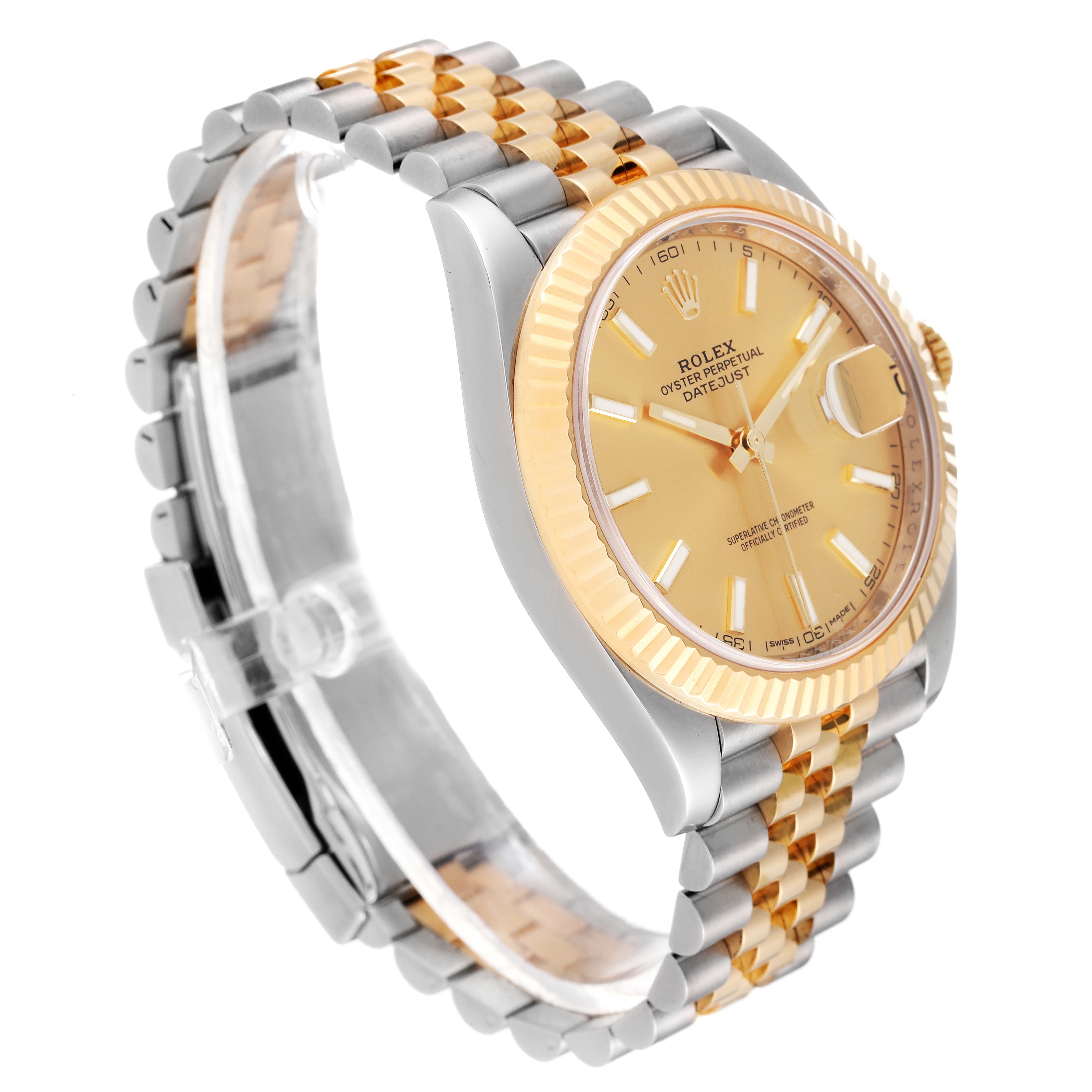 The image shows a side and partial top angle of a Rolex Datejust 41 126333 Men's Steel and Gold (two tone) Champagne Dial 126333 Men's Steel and Gold (two tone) Champagne Dial watch, highlighting the bracelet and case.