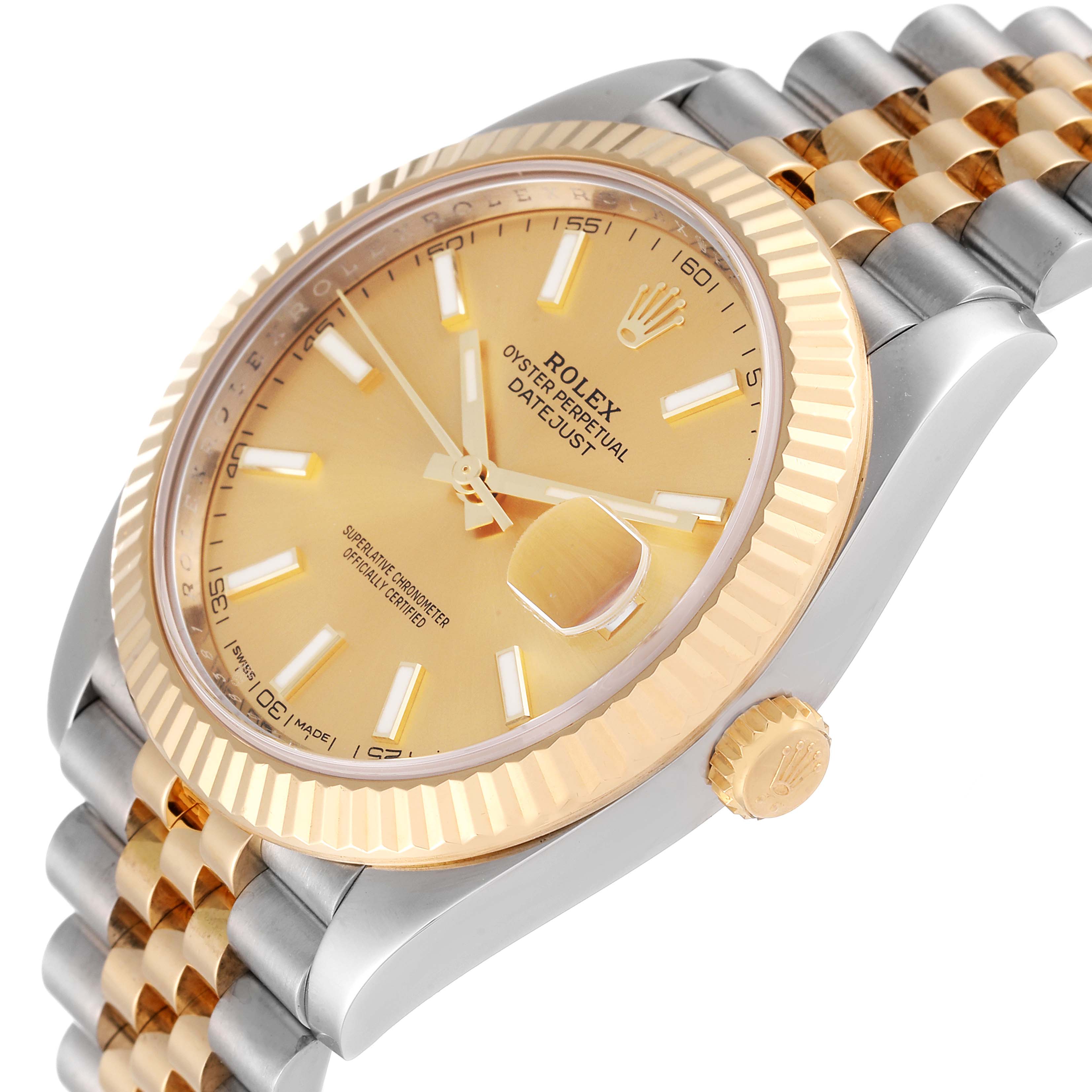 This image shows a close-up angle of the Rolex Datejust 41 126333 Men's Steel and Gold (two tone) Champagne Dial 126333 Men's Steel and Gold (two tone) Champagne Dial watch, highlighting the face, bezel, and part of the bracelet.