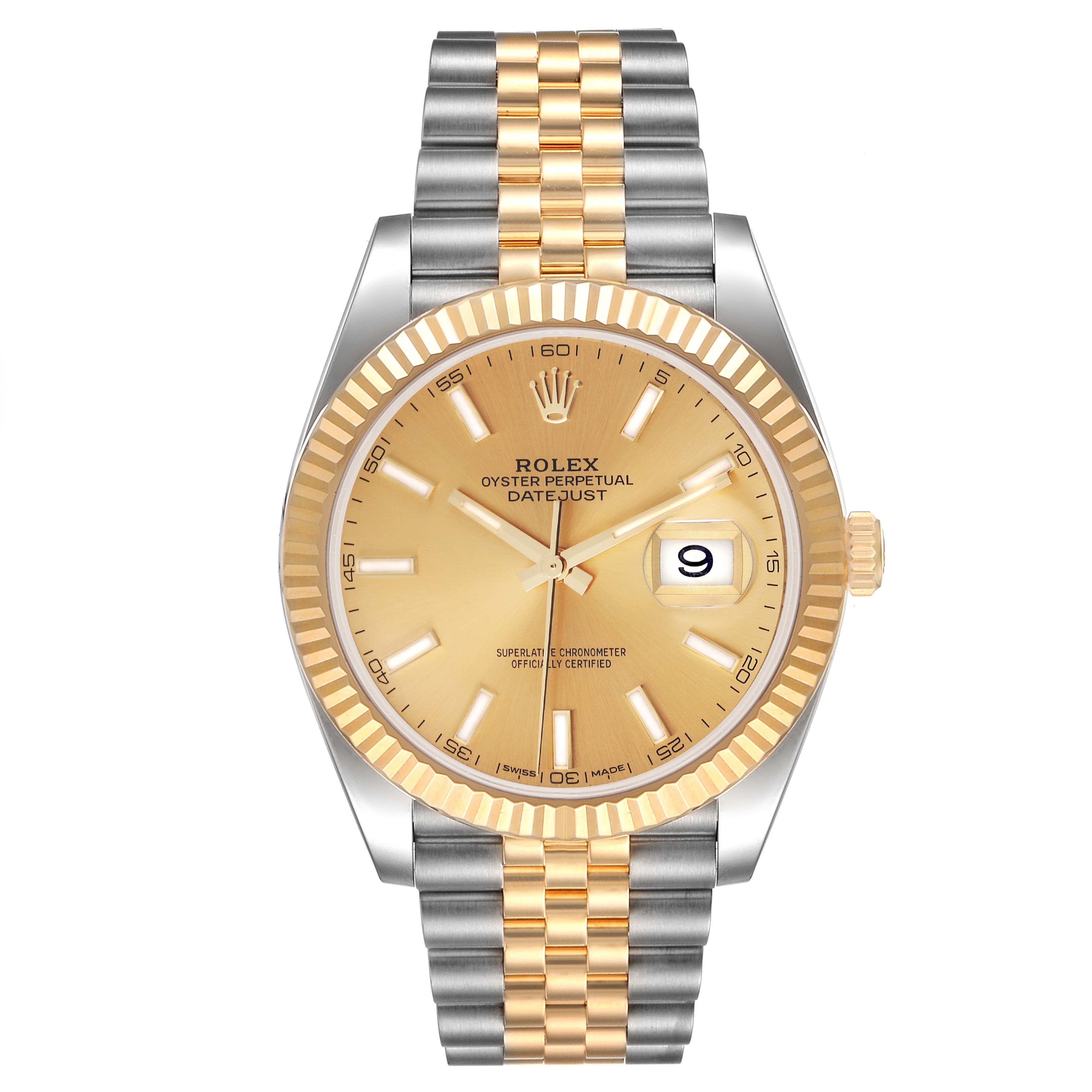 This image shows a Rolex Datejust 41 126333 Men's Steel and Gold (two tone) Champagne Dial 126333 Men's Steel and Gold (two tone) Champagne Dial watch from a top-down angle, highlighting the dial, bezel, case, and bracelet.