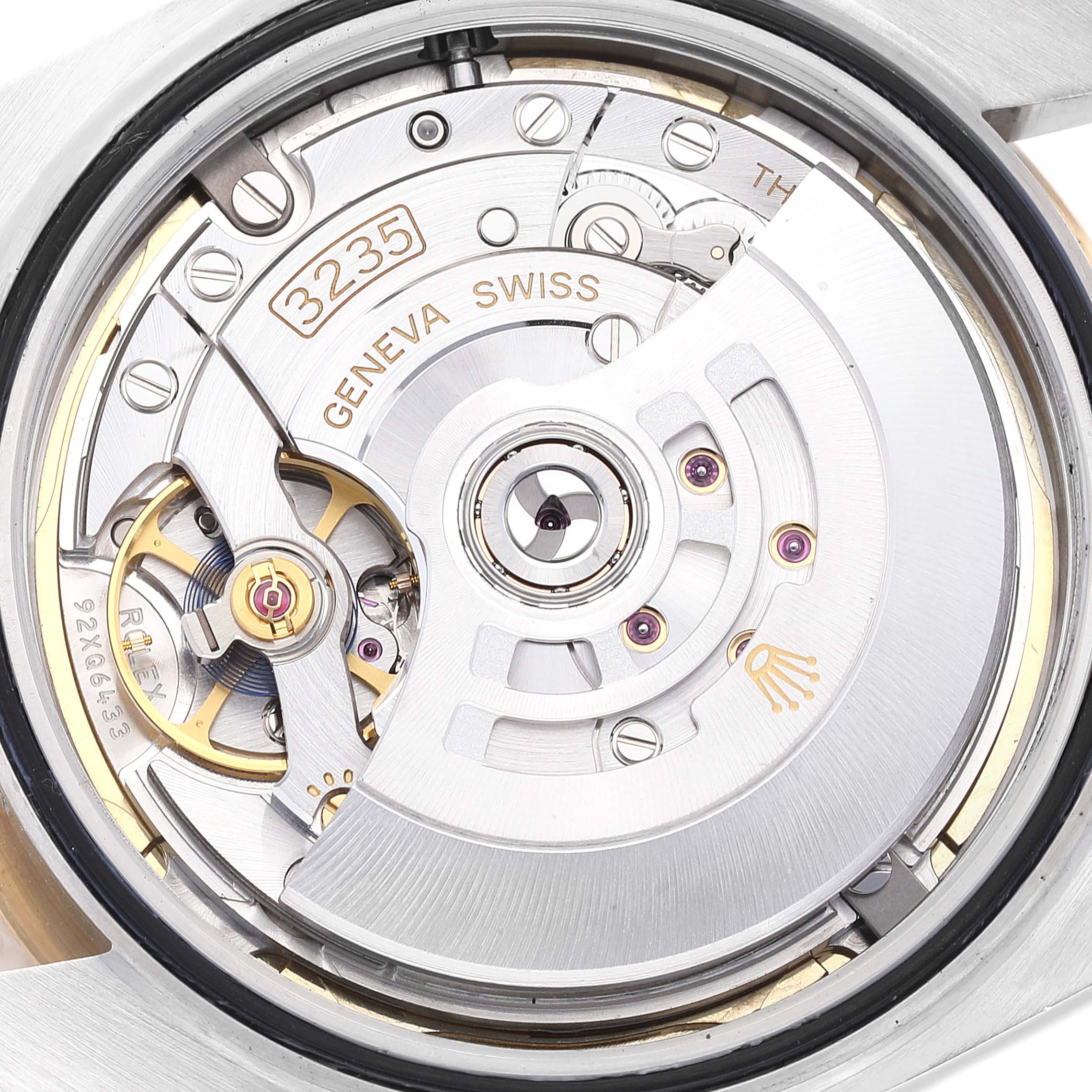 This image shows the back view of the Rolex Datejust 41 126333 Men's Steel and Gold (two tone) Champagne Dial 126333 Men's Steel and Gold (two tone) Champagne Dial, highlighting its open movement and intricate internal mechanics.