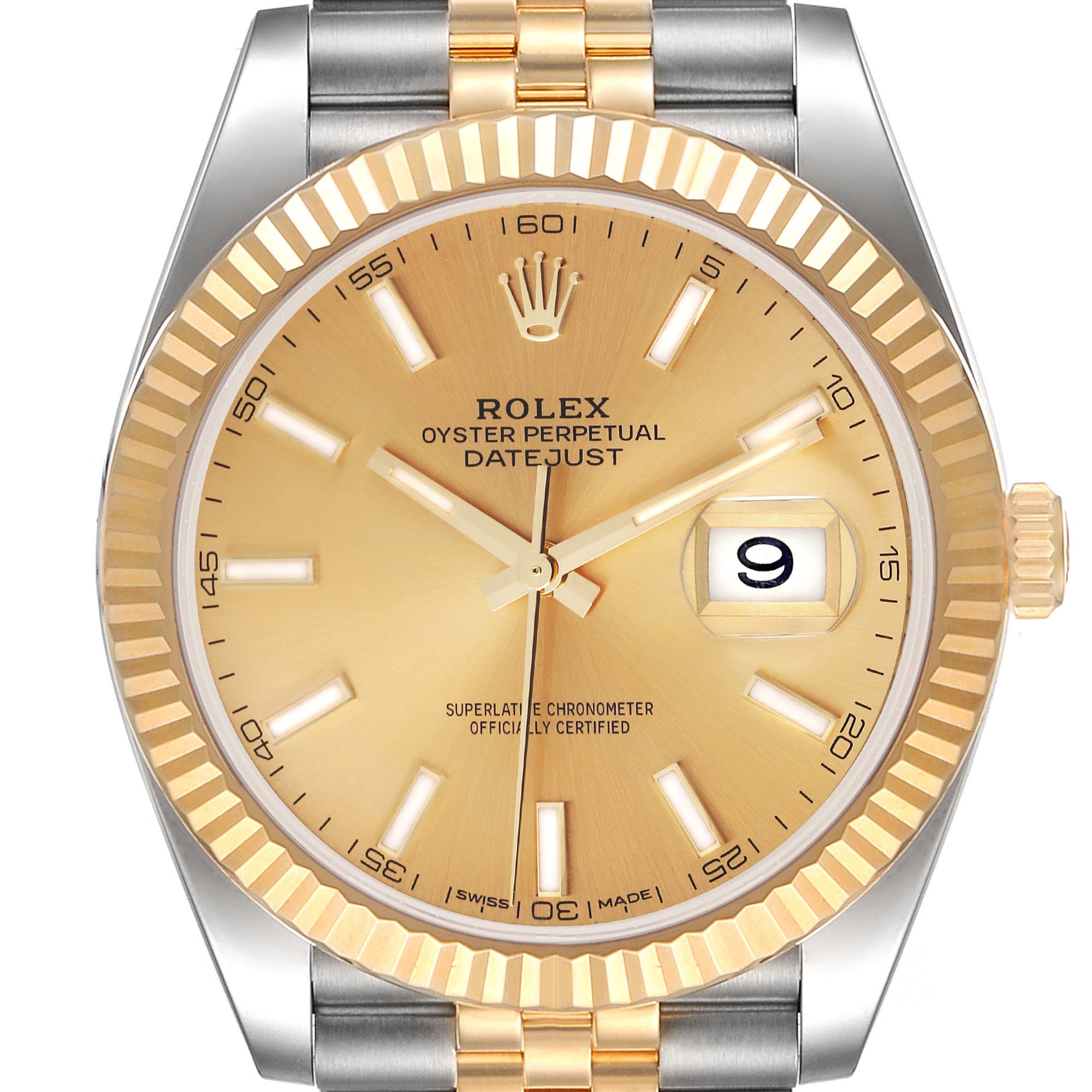 The image shows a Rolex Datejust 41 126333 Men's Steel and Gold (two tone) Champagne Dial 126333 Men's Steel and Gold (two tone) Champagne Dial watch from a front angle, highlighting its dial, bezel, date window, and part of the bracelet.
