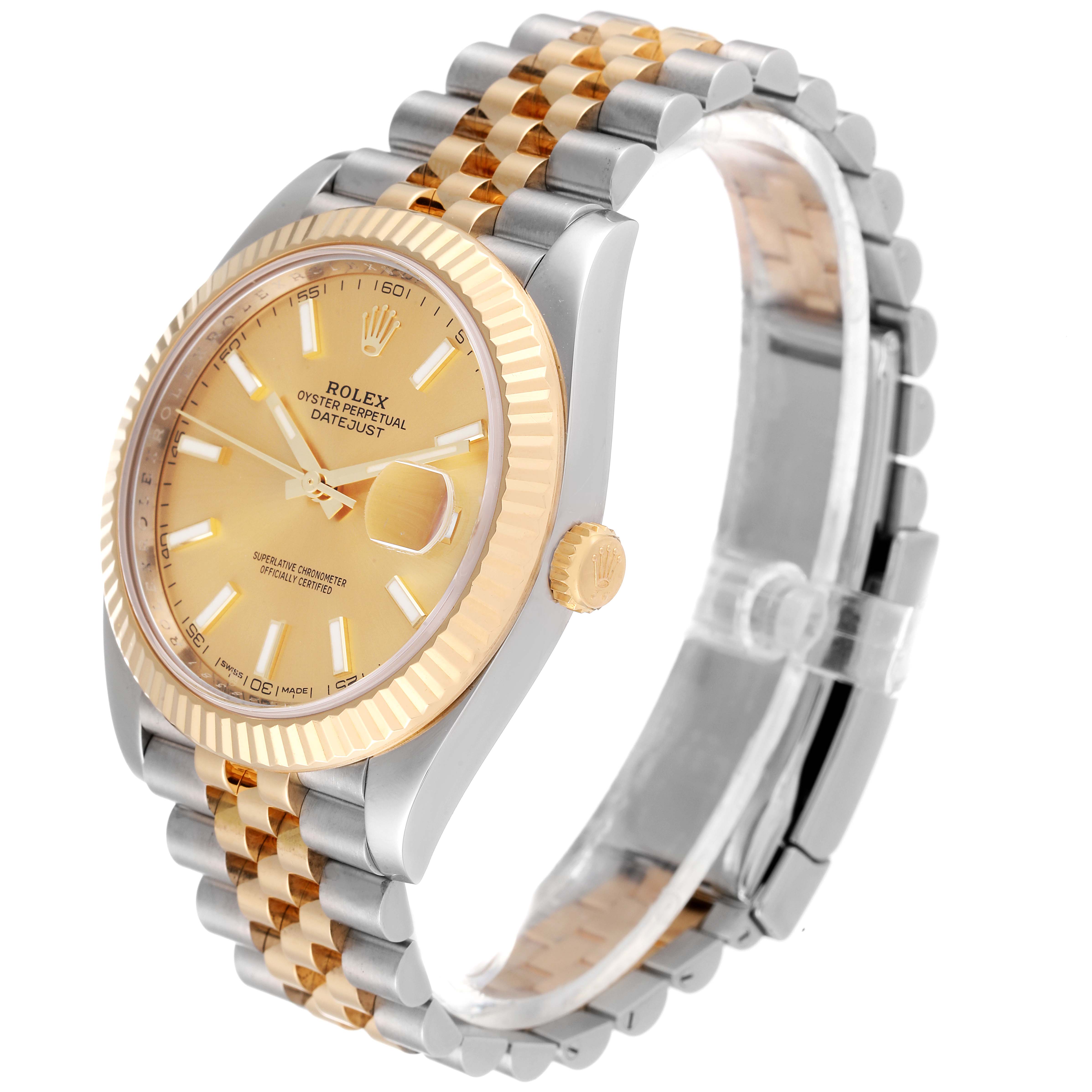 This image shows a Rolex Datejust 41 126333 Men's Steel and Gold (two tone) Champagne Dial 126333 Men's Steel and Gold (two tone) Champagne Dial watch from an angled side view, highlighting the dial, bezel, crown, and bracelet.