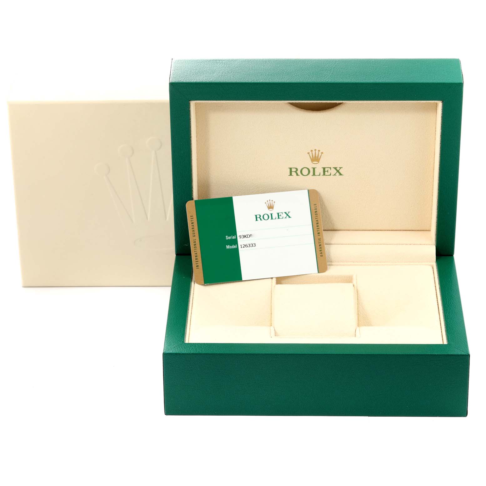 The image shows a Rolex Datejust 41 126333 Men's Steel and Gold (two tone) Champagne Dial 126333 Men's Steel and Gold (two tone) Champagne Dial watch box and warranty card from a front angle, with the box open.