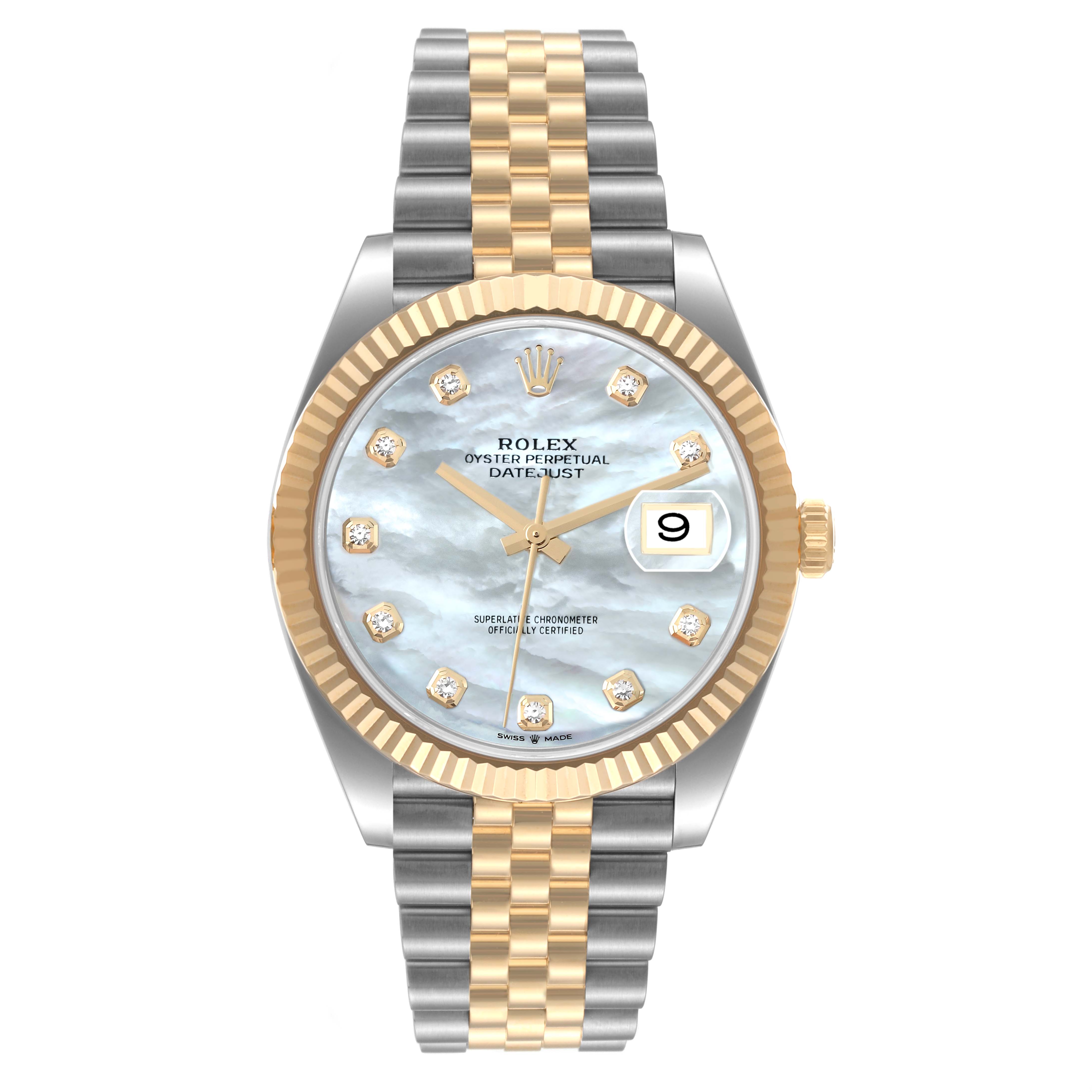 The image shows a head-on view of a Rolex Datejust 41 126333 Men's Steel and Gold (two tone) Mother of Pearl Dial 126333 Men's Steel and Gold (two tone) Mother of Pearl Dial watch with a gold and silver Jubilee bracelet and a mother-of-pearl dial.