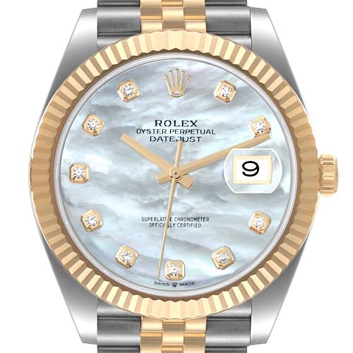 Photo of Rolex Datejust 41 Steel Yellow Gold Mother Of Pearl Diamond Dial Watch 126333 Box Card