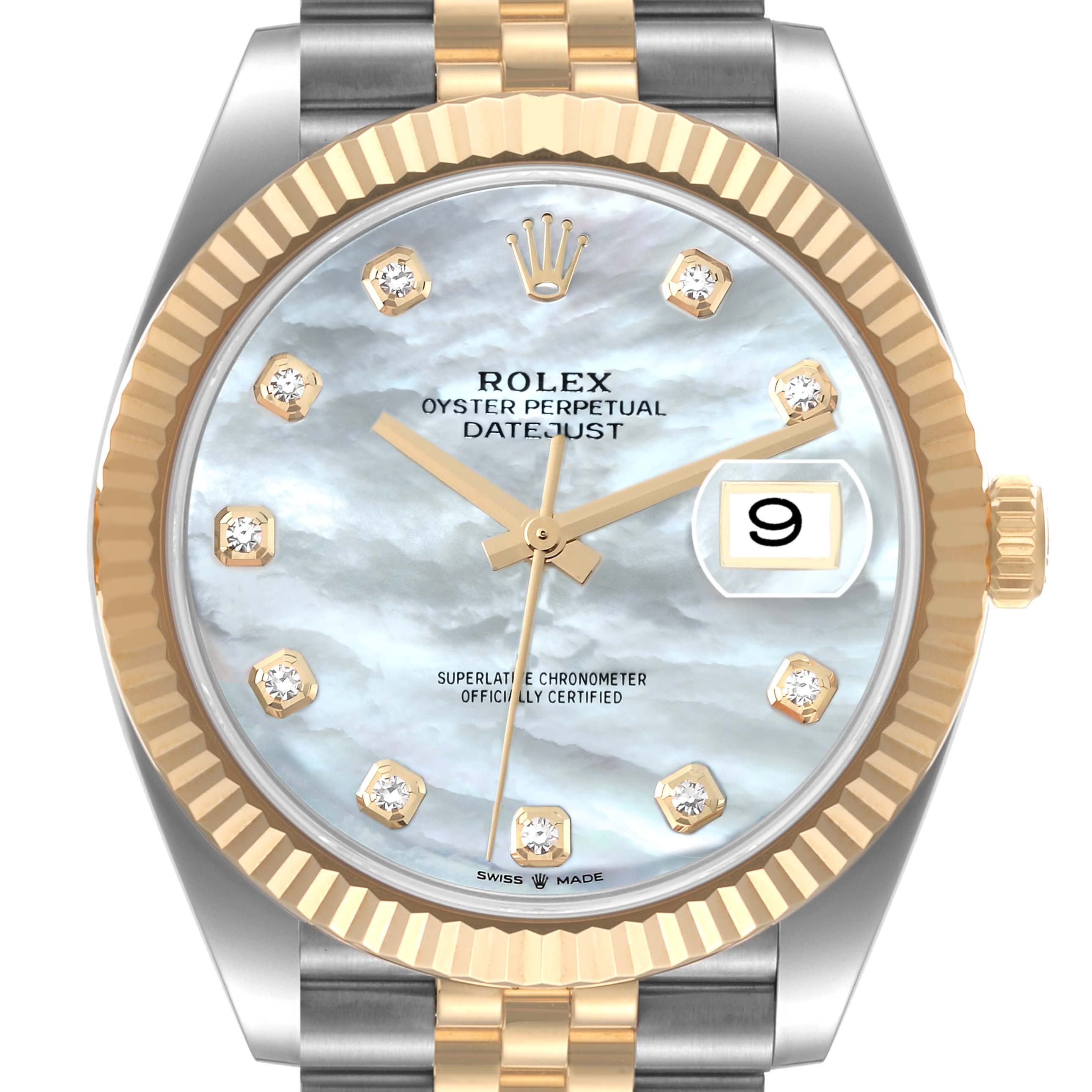 This is a close-up view of the Rolex Datejust 41 126333 Men's Steel and Gold (two tone) Mother of Pearl Dial 126333 Men's Steel and Gold (two tone) Mother of Pearl Dial watch, showing the face, bezel, crown, and part of the bracelet.