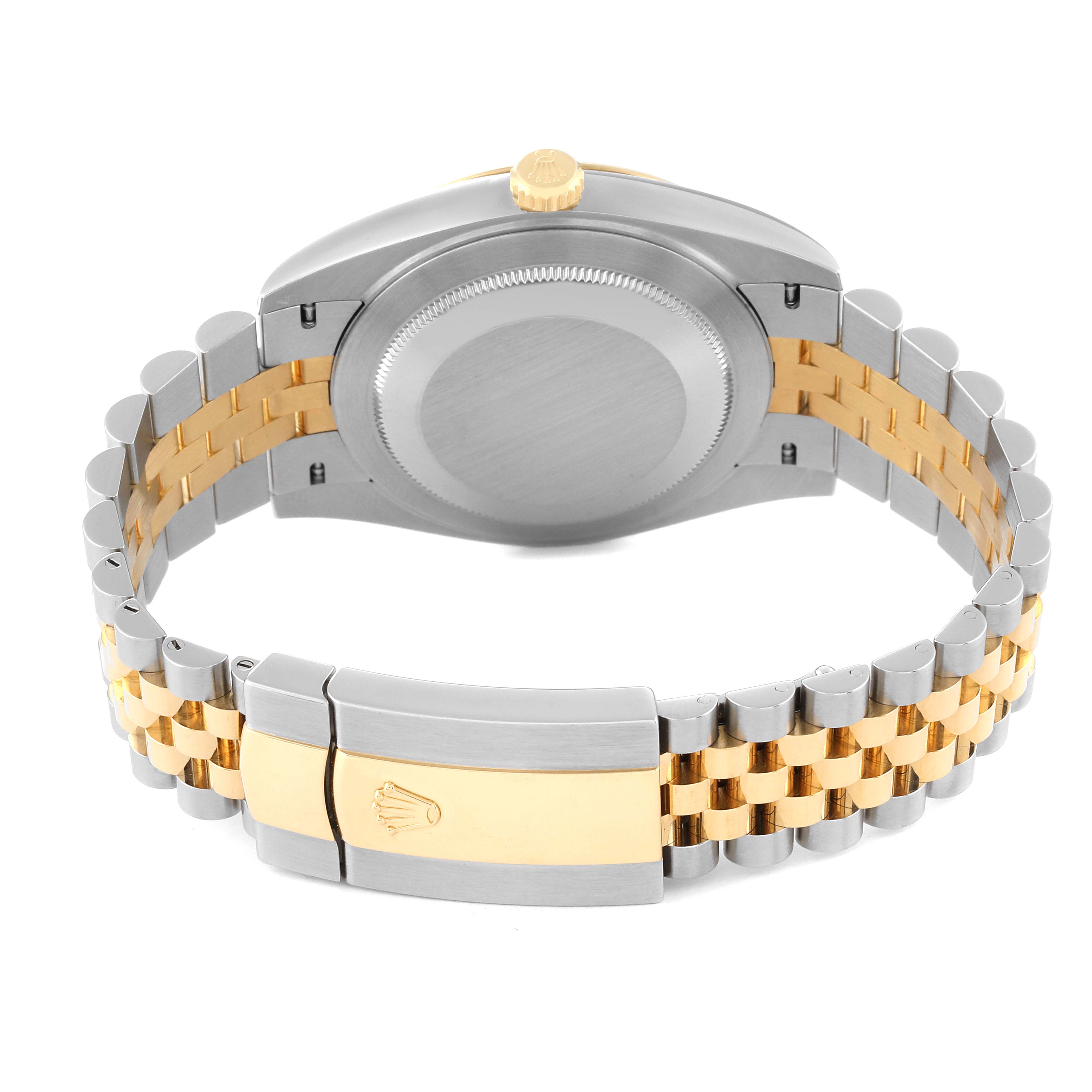 This image shows the back view of a Rolex Datejust 41 126333 Men's Steel and Gold (two tone) Mother of Pearl Dial 126333 Men's Steel and Gold (two tone) Mother of Pearl Dial watch, highlighting the case back, crown, and jubilee bracelet with a deployment clasp.