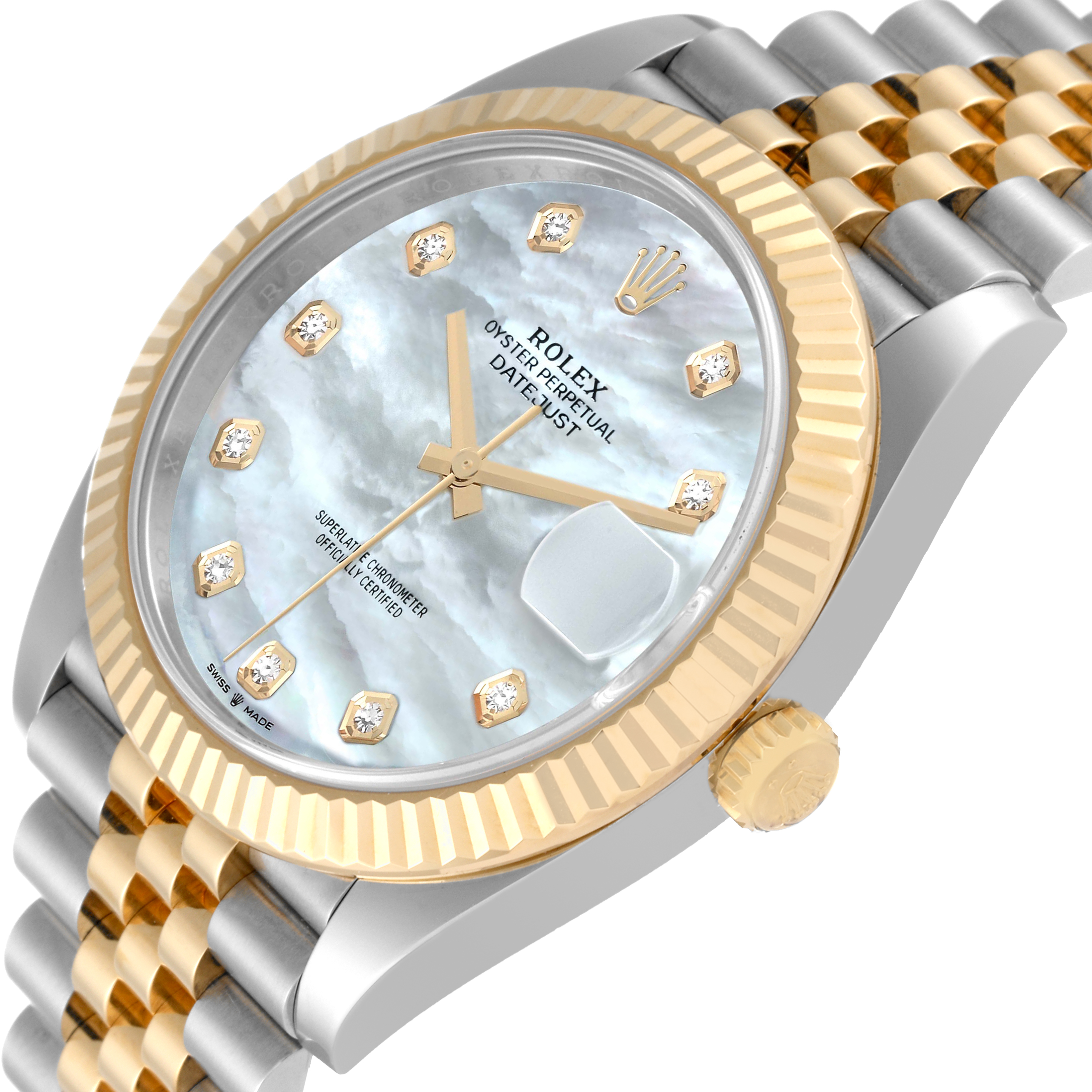 The image shows a Rolex Datejust 41 126333 Men's Steel and Gold (two tone) Mother of Pearl Dial 126333 Men's Steel and Gold (two tone) Mother of Pearl Dial watch at an angled view, highlighting its dial, bezel, crown, and part of the bracelet.