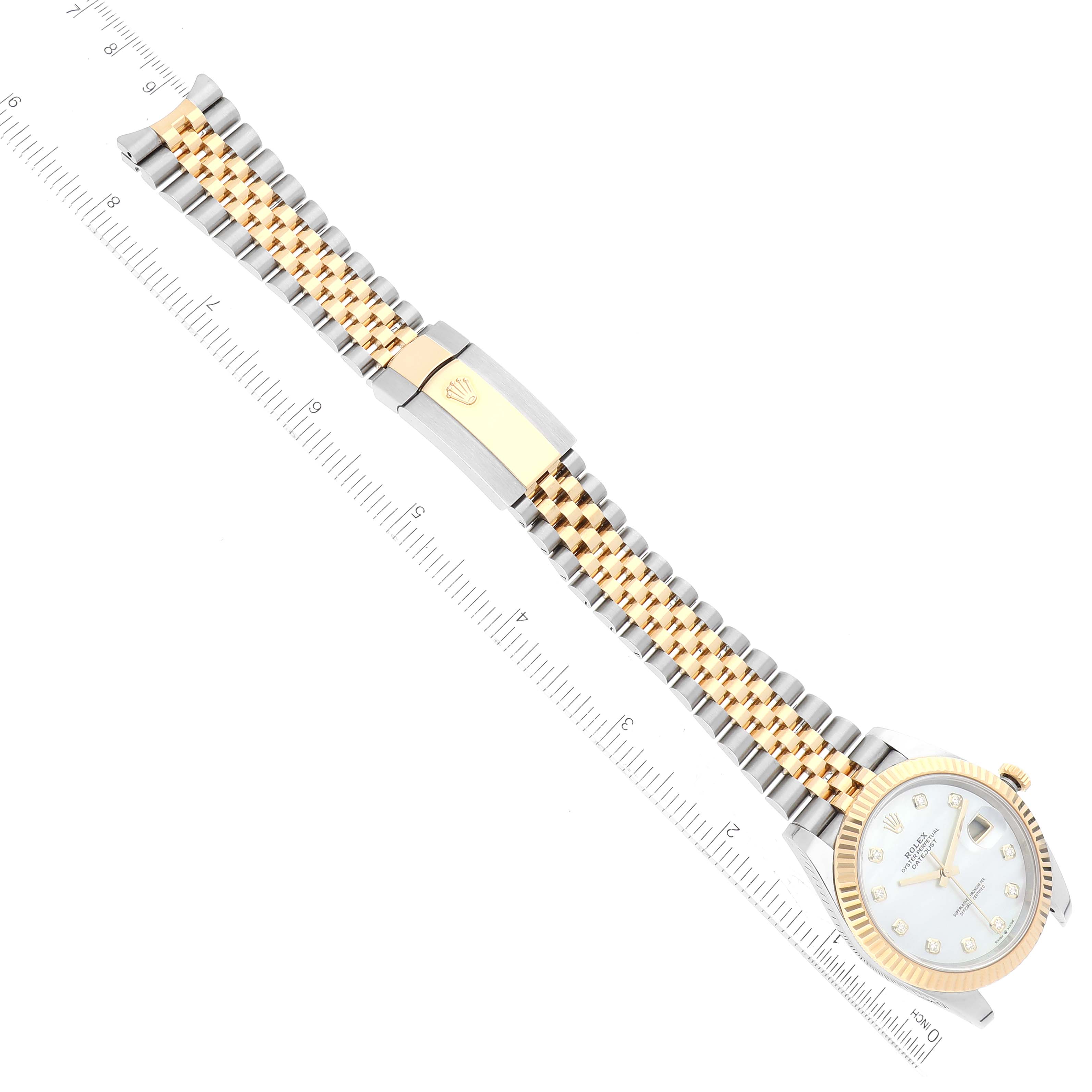 The Rolex Datejust 41 126333 Men's Steel and Gold (two tone) Mother of Pearl Dial 126333 Men's Steel and Gold (two tone) Mother of Pearl Dial watch is shown laying flat, fully displaying its two-tone jubilee bracelet.