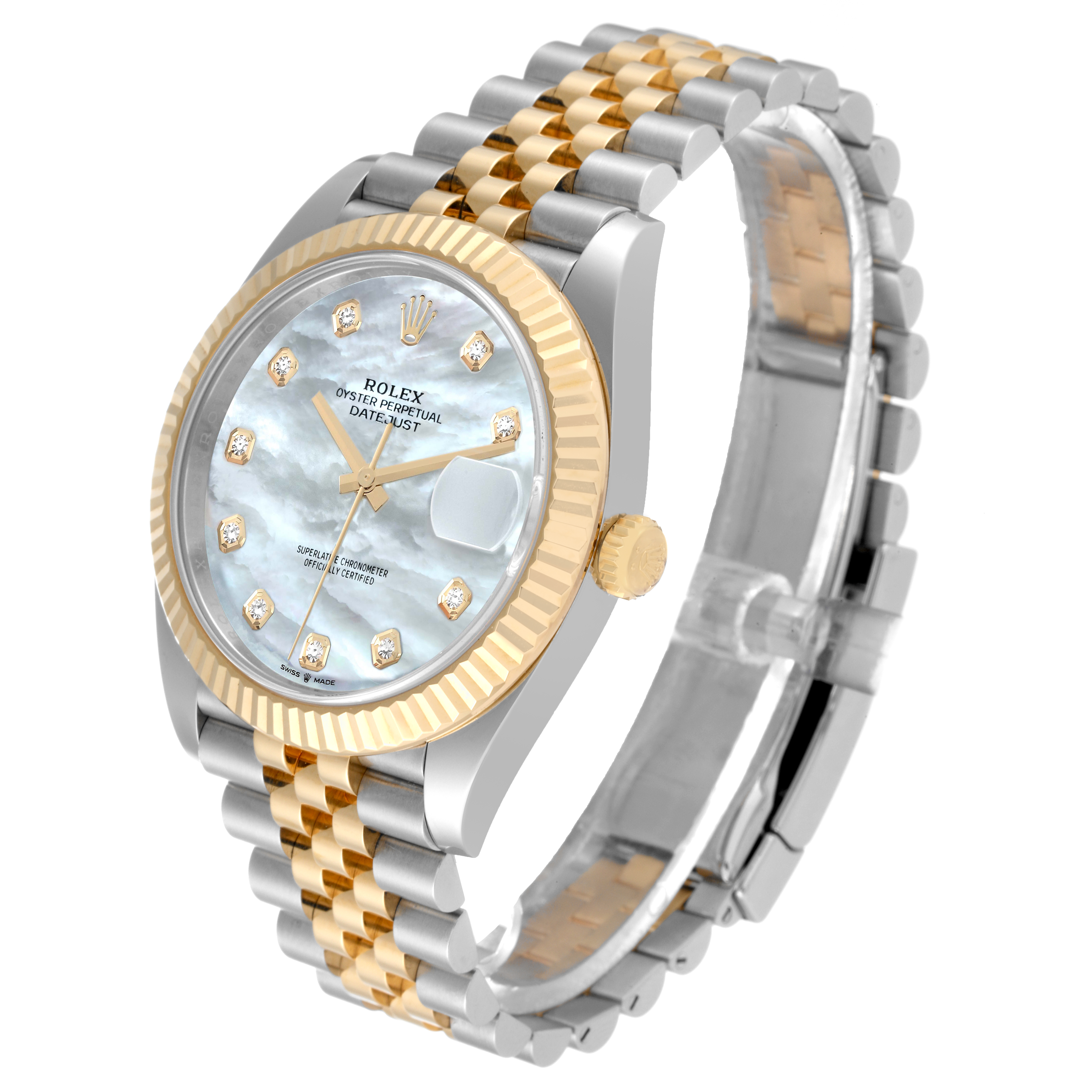 The Rolex Datejust 41 126333 Men's Steel and Gold (two tone) Mother of Pearl Dial 126333 Men's Steel and Gold (two tone) Mother of Pearl Dial watch is shown at an angle highlighting the face, bezel, and jubilee bracelet.