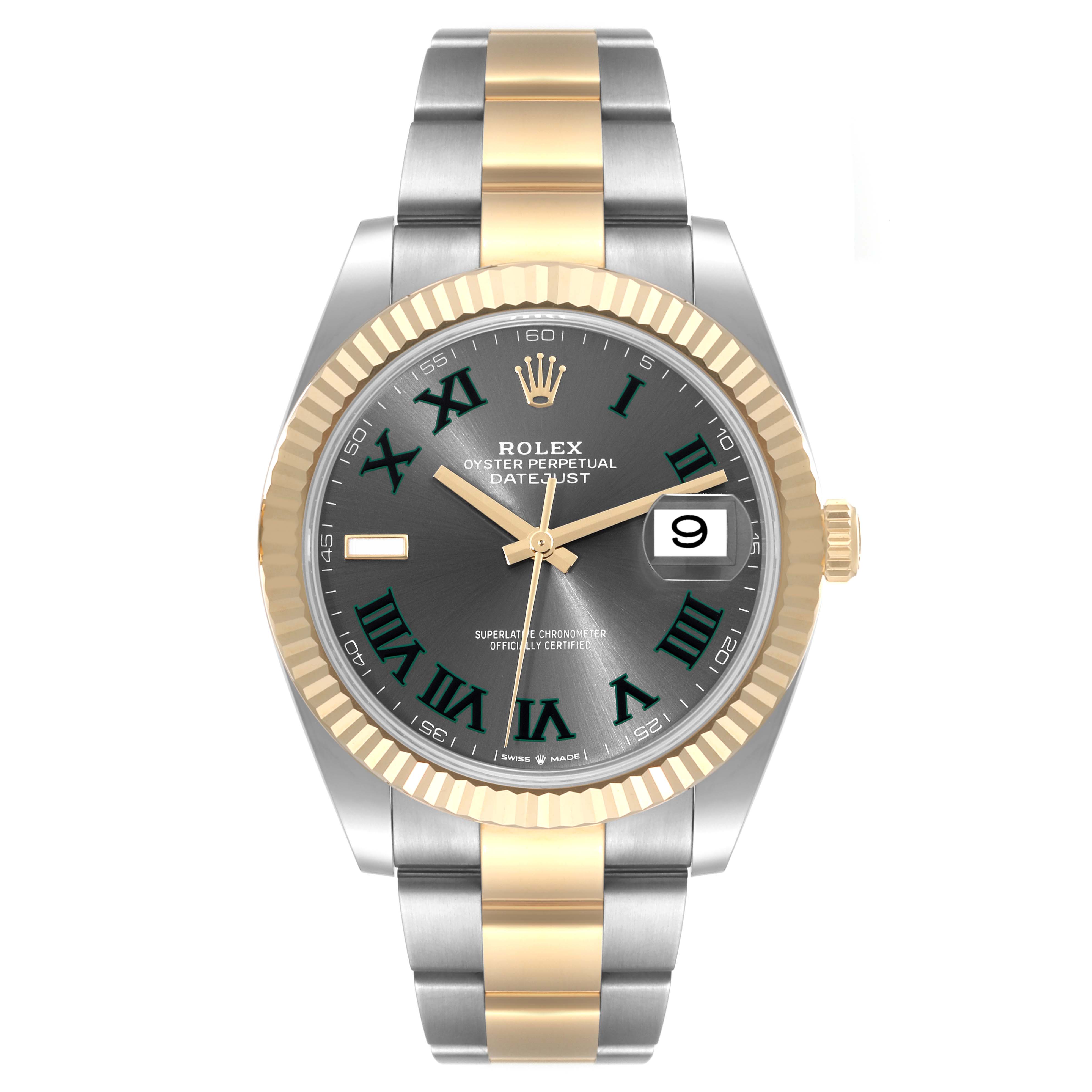 The image shows a front view of the Rolex Datejust 41 126333 Men's Steel and Gold (two tone) Grey Dial 126333 Men's Steel and Gold (two tone) Grey Dial watch with a bicolor metal bracelet and fluted bezel.