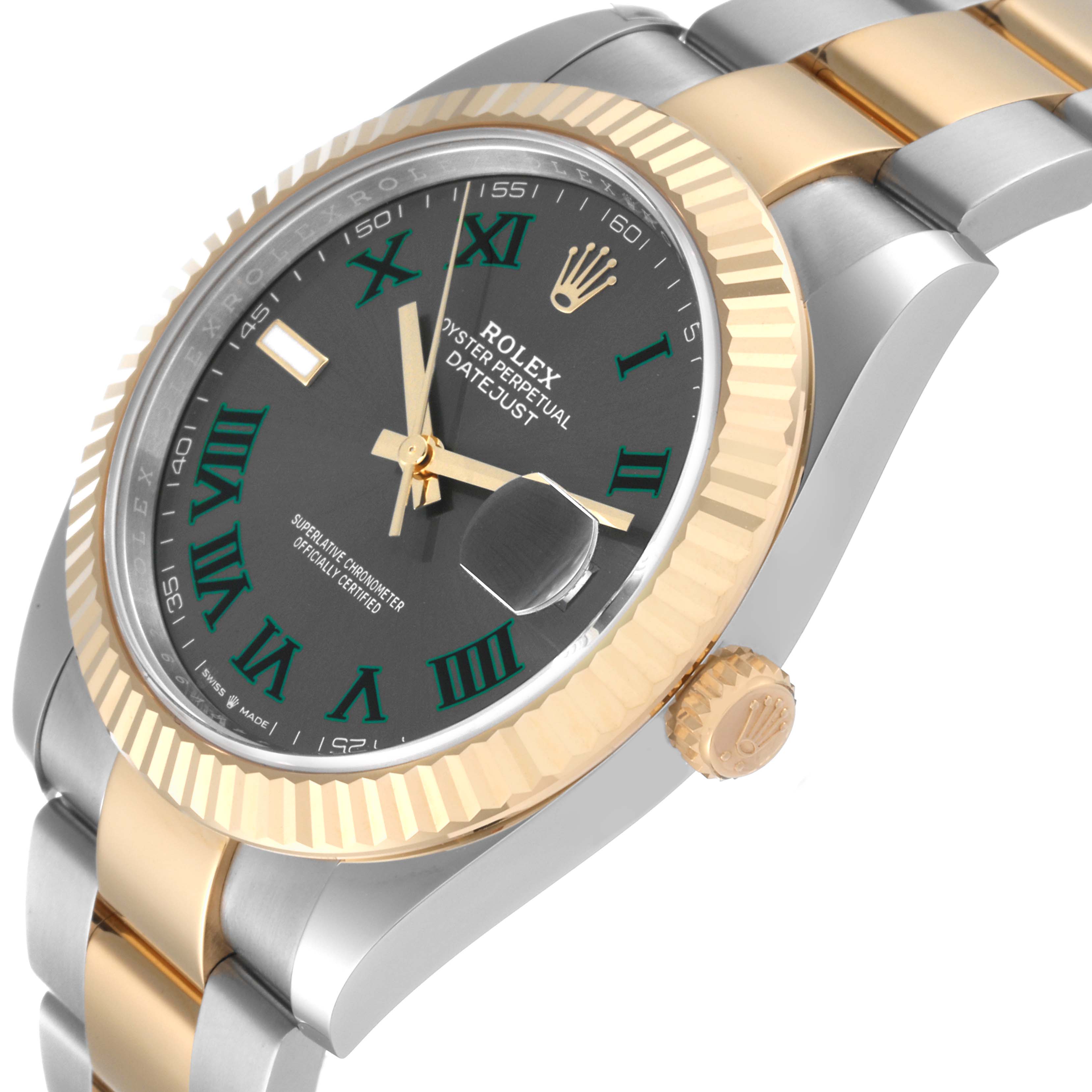 The image shows a close-up of a Rolex Datejust 41 126333 Men's Steel and Gold (two tone) Grey Dial 126333 Men's Steel and Gold (two tone) Grey Dial model highlighting the dial, fluted bezel, crown, and part of the two-tone bracelet.