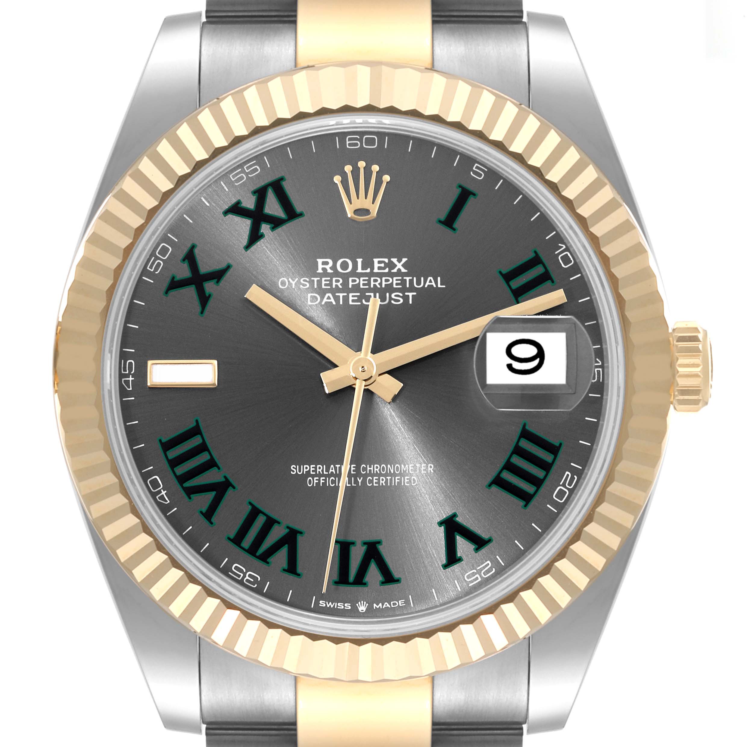 The image shows a close-up of the Rolex Datejust 41 126333 Men's Steel and Gold (two tone) Grey Dial 126333 Men's Steel and Gold (two tone) Grey Dial watch face, highlighting the dial, hands, date window, and fluted bezel.