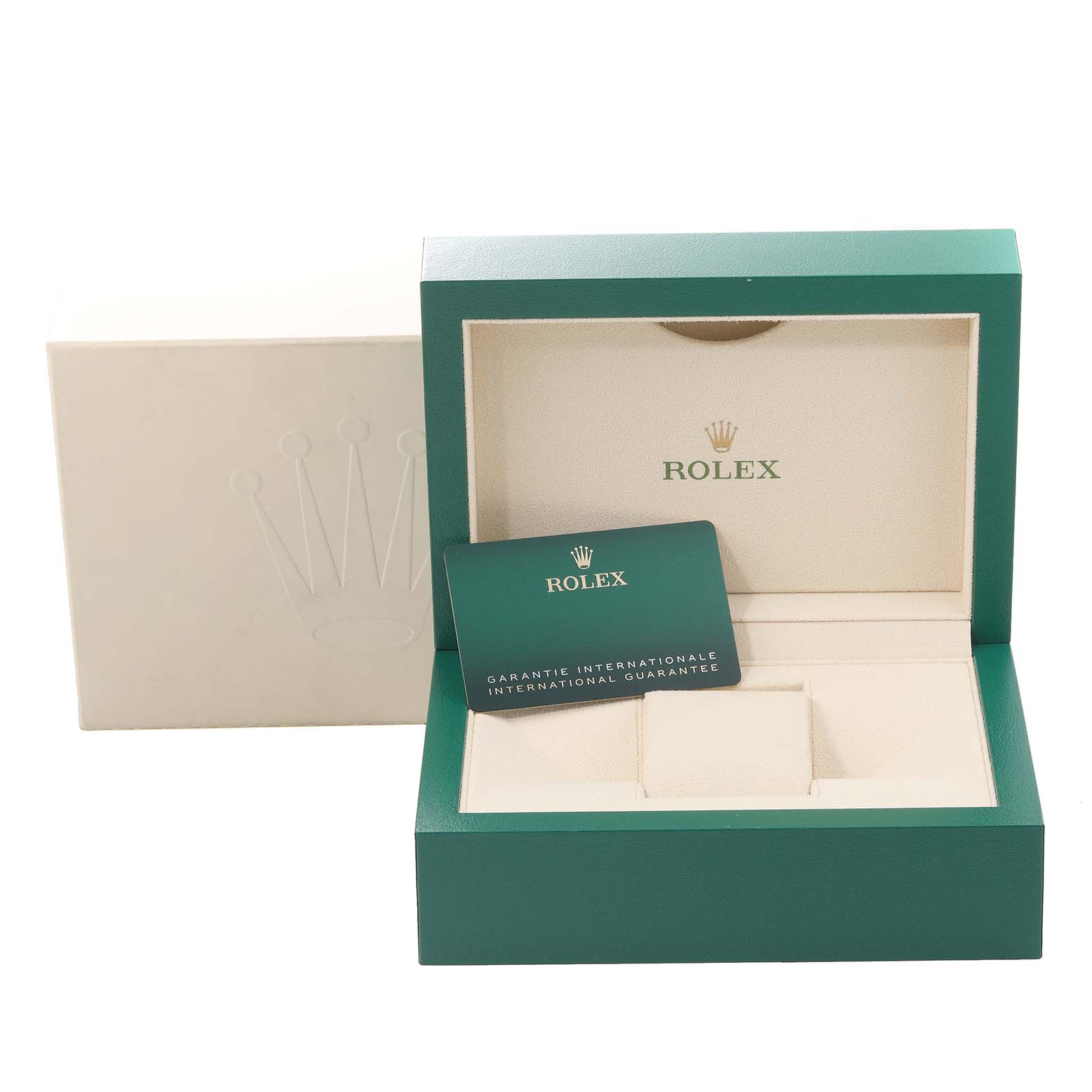 The image shows the open box of a Rolex Datejust 41 126333 Men's Steel and Gold (two tone) Grey Dial 126333 Men's Steel and Gold (two tone) Grey Dial watch, along with its international guarantee card.