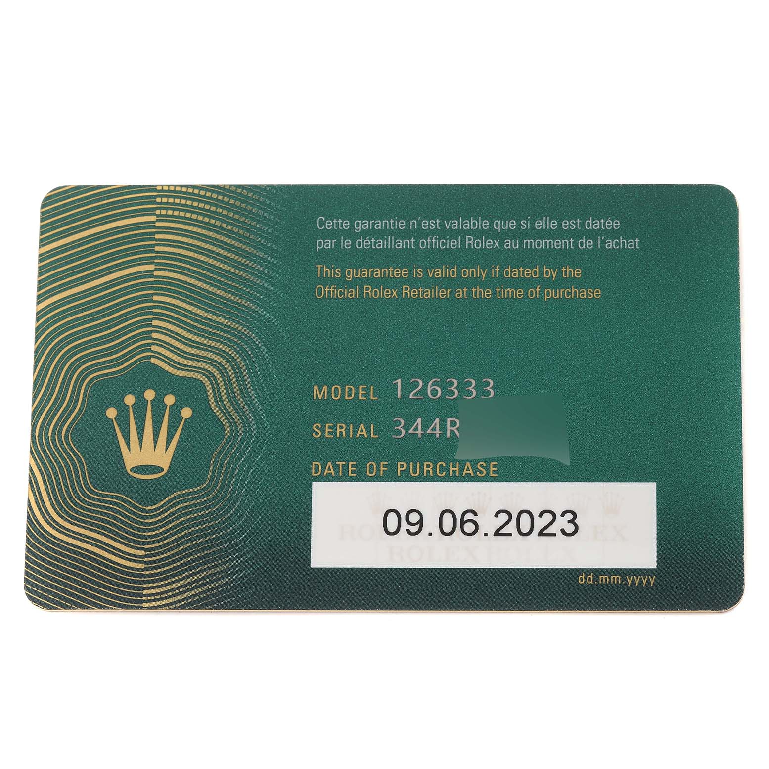 This is a rectangular green warranty card for a Rolex Datejust 41 126333 Men's Steel and Gold (two tone) Grey Dial 126333 Men's Steel and Gold (two tone) Grey Dial model, featuring model number 126333 and a purchase date of 09.06.2023.